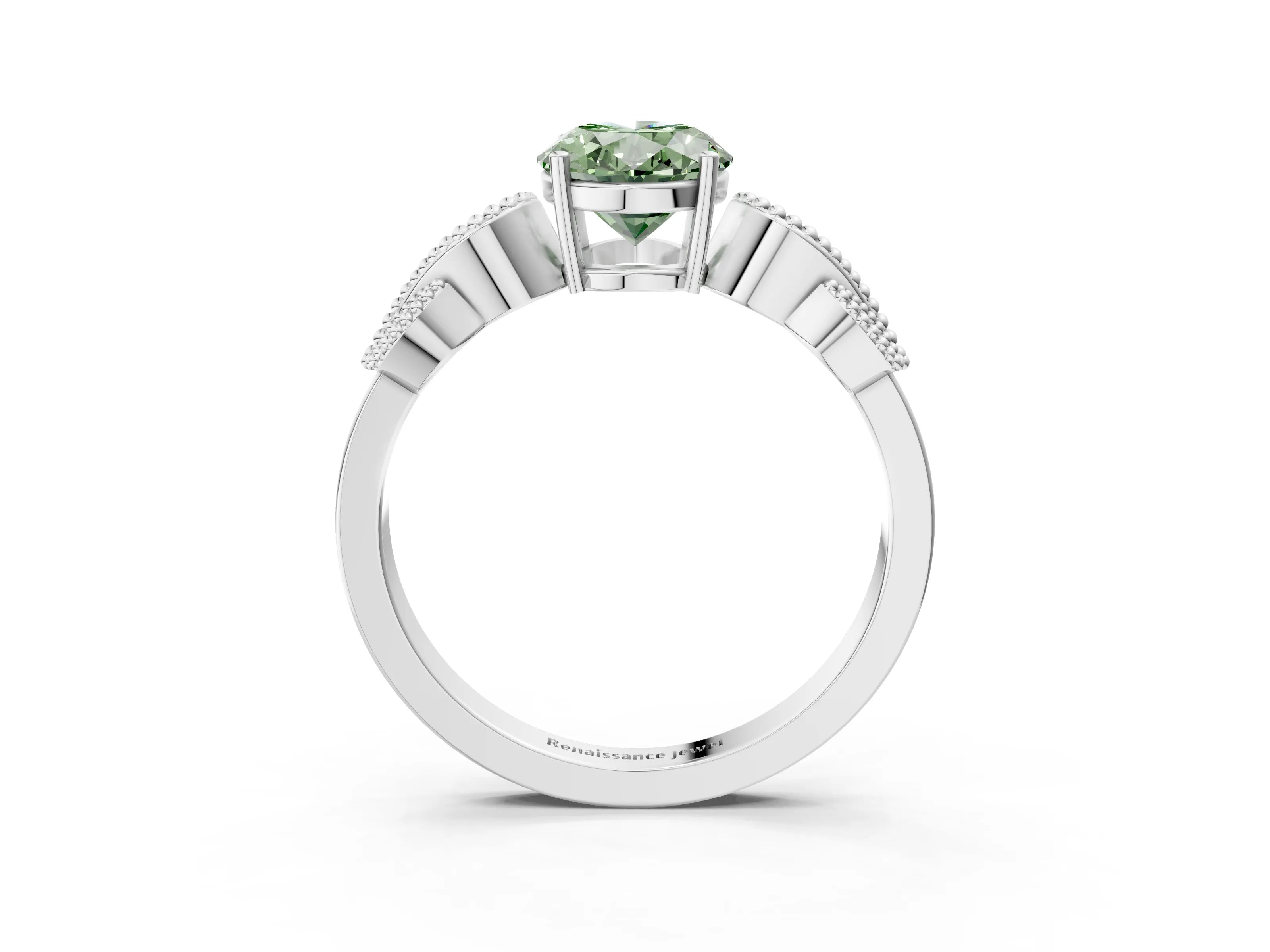 White gold Fancy Green Oval Cut Solitaire Milgrain Leaf Band with Prong Setting_15