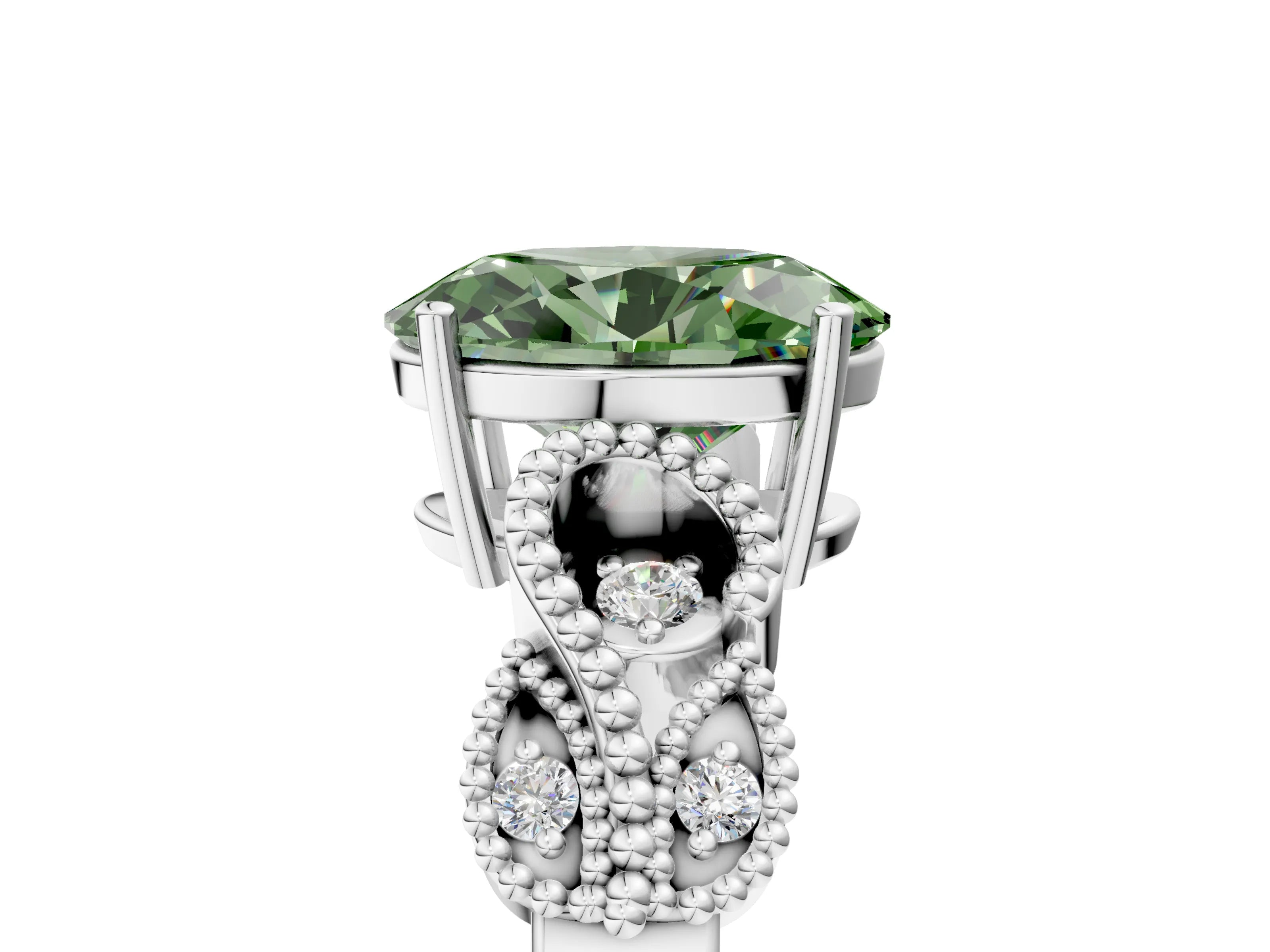 White gold Fancy Green Oval Cut Solitaire Milgrain Leaf Band with Prong Setting_17