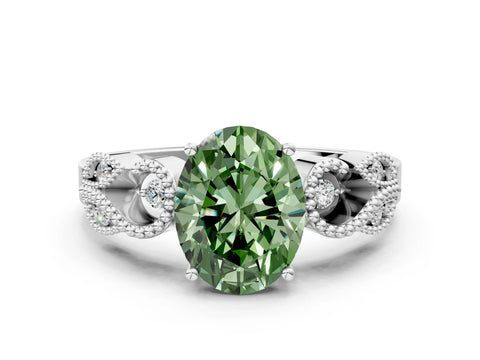 White gold Fancy Green Oval Cut Solitaire Milgrain Leaf Band with Prong Setting