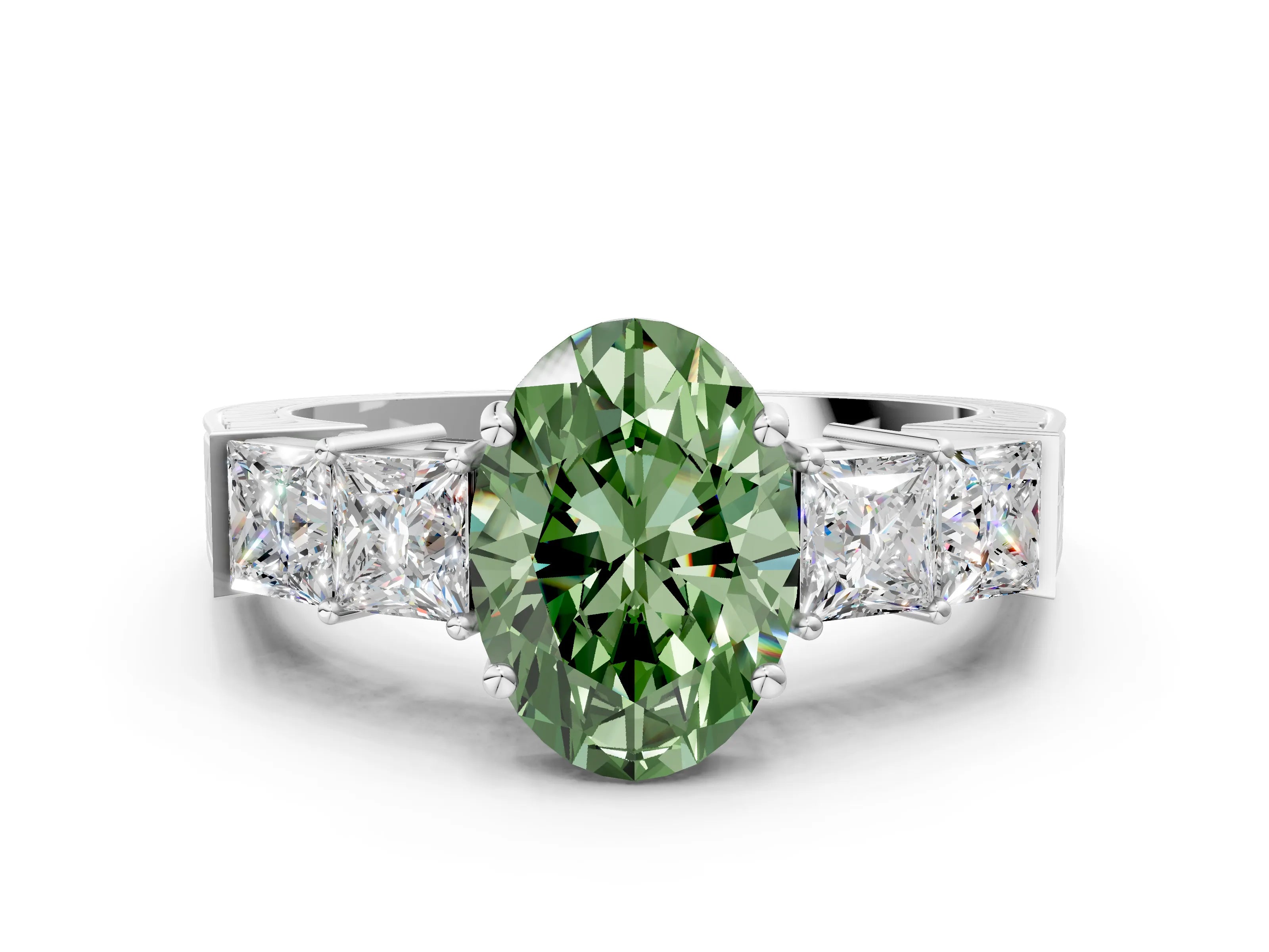 White gold Fancy Green Oval Cut Solitaire Princess Side Stone Engraved Band Prong Setting Ring_12