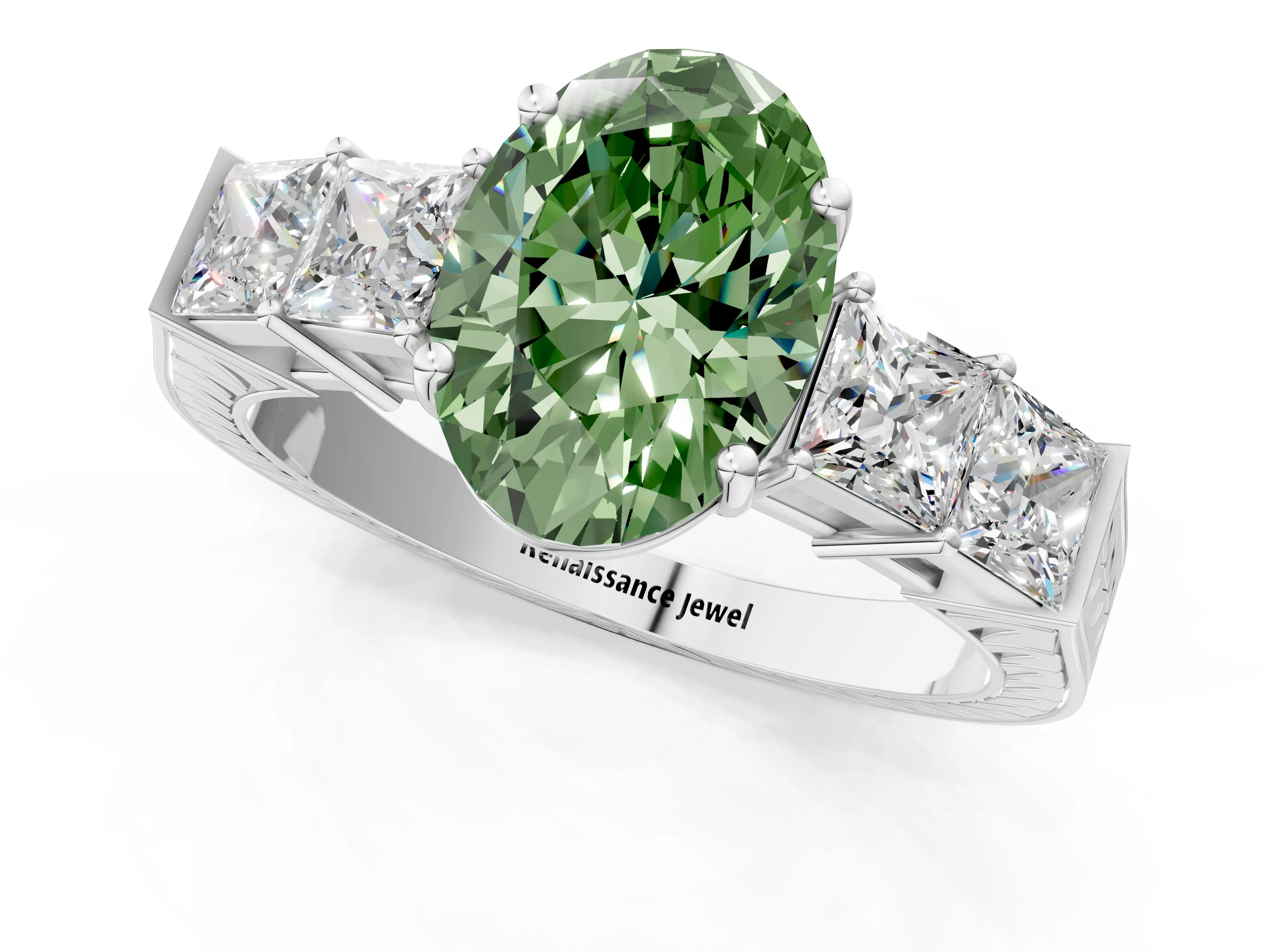 White gold Fancy Green Oval Cut Solitaire Princess Side Stone Engraved Band Prong Setting Ring_13