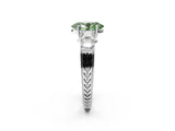 White gold Fancy Green Oval Cut Solitaire Princess Side Stone Engraved Band Prong Setting Ring_14