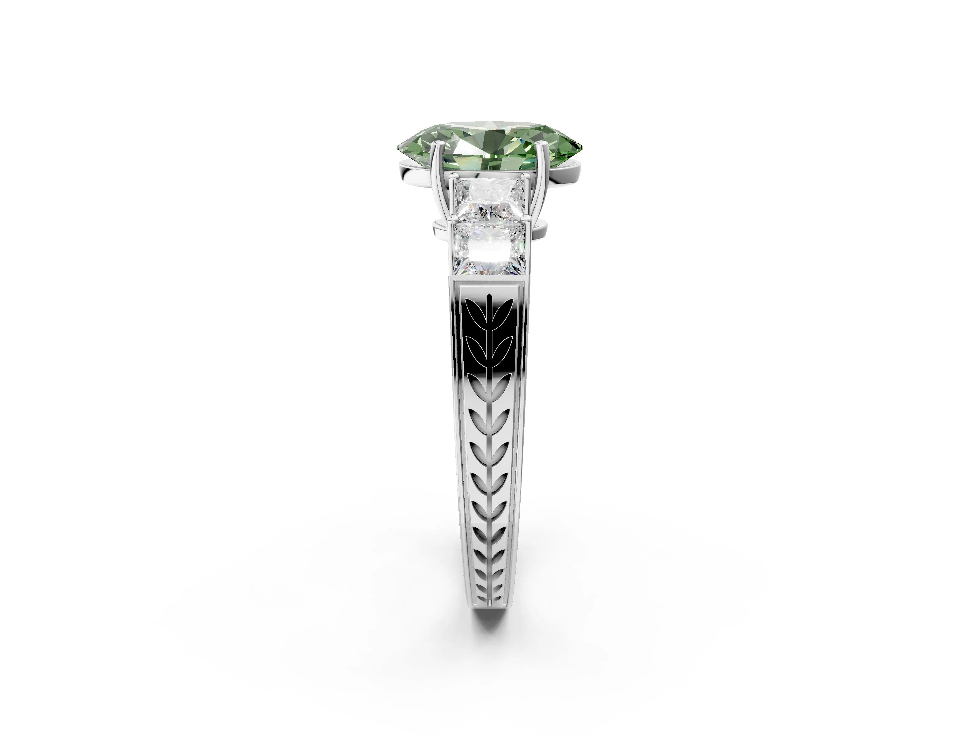 White gold Fancy Green Oval Cut Solitaire Princess Side Stone Engraved Band Prong Setting Ring_14