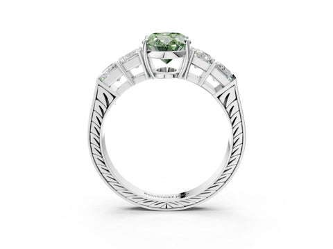 White gold Fancy Green Oval Cut Solitaire Princess Side Stone Engraved Band Prong Setting Ring_15