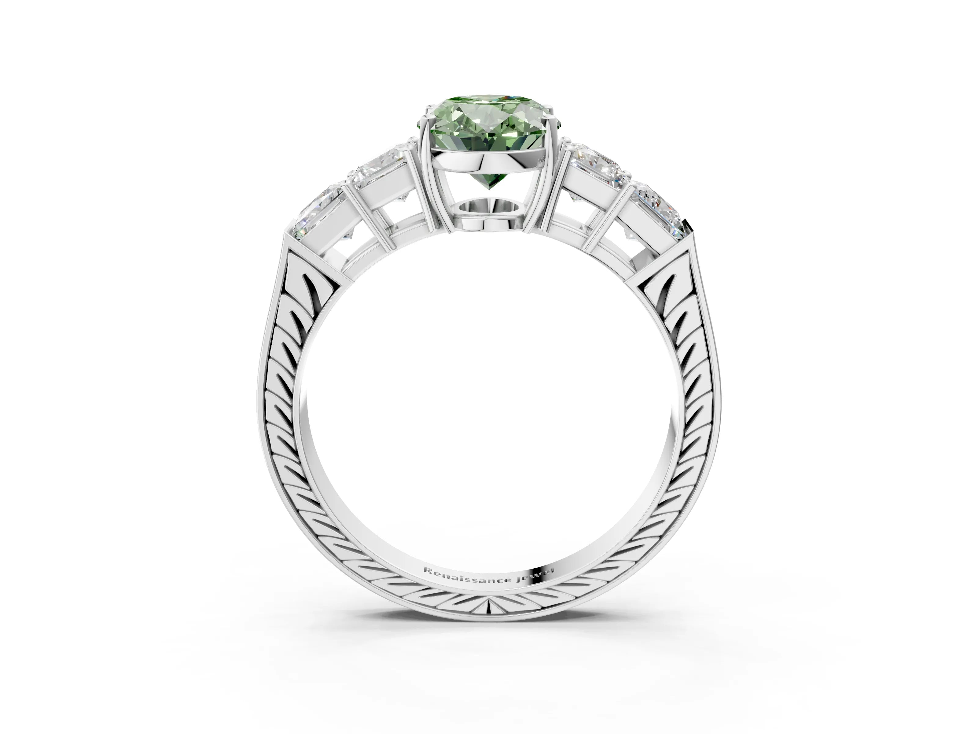 White gold Fancy Green Oval Cut Solitaire Princess Side Stone Engraved Band Prong Setting Ring_15