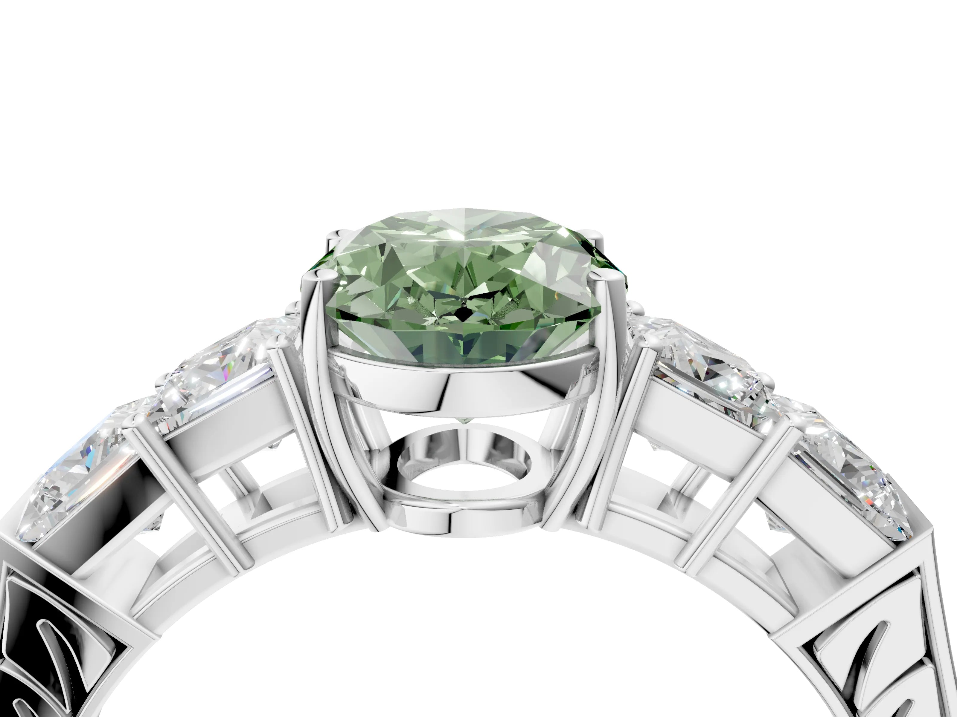 White gold Fancy Green Oval Cut Solitaire Princess Side Stone Engraved Band Prong Setting Ring_16