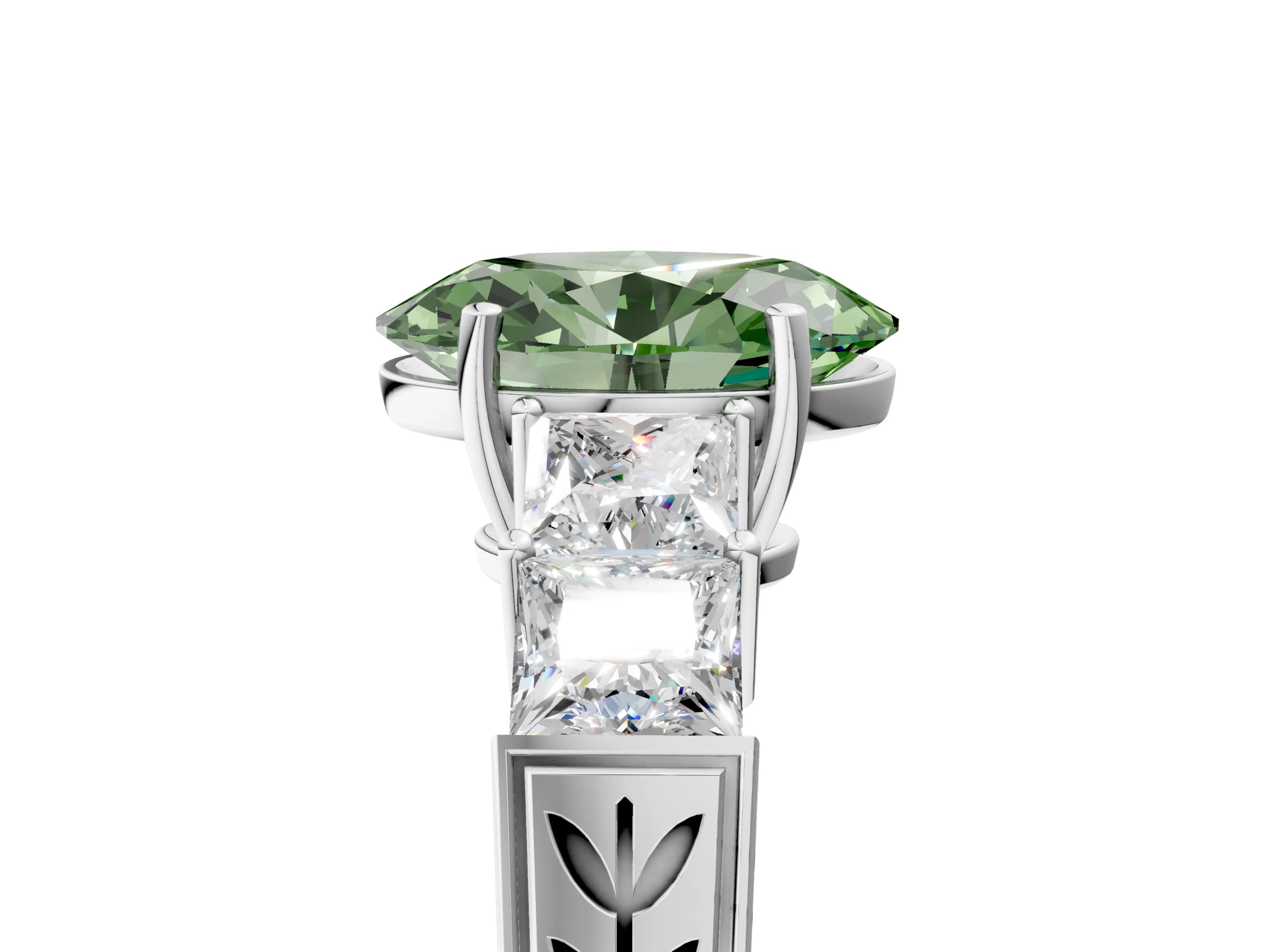 White gold Fancy Green Oval Cut Solitaire Princess Side Stone Engraved Band Prong Setting Ring_17