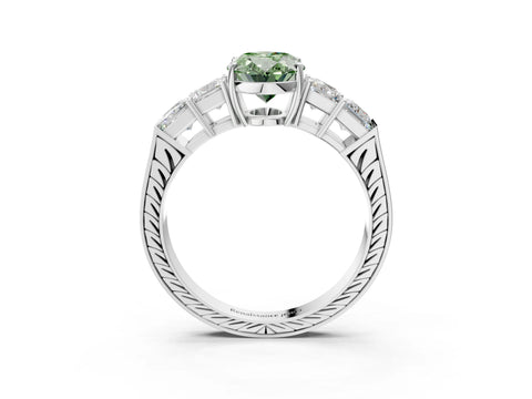 White gold Fancy Green Oval Cut Solitaire Princess Side Stone Engraved Band Prong Setting Ring_3
