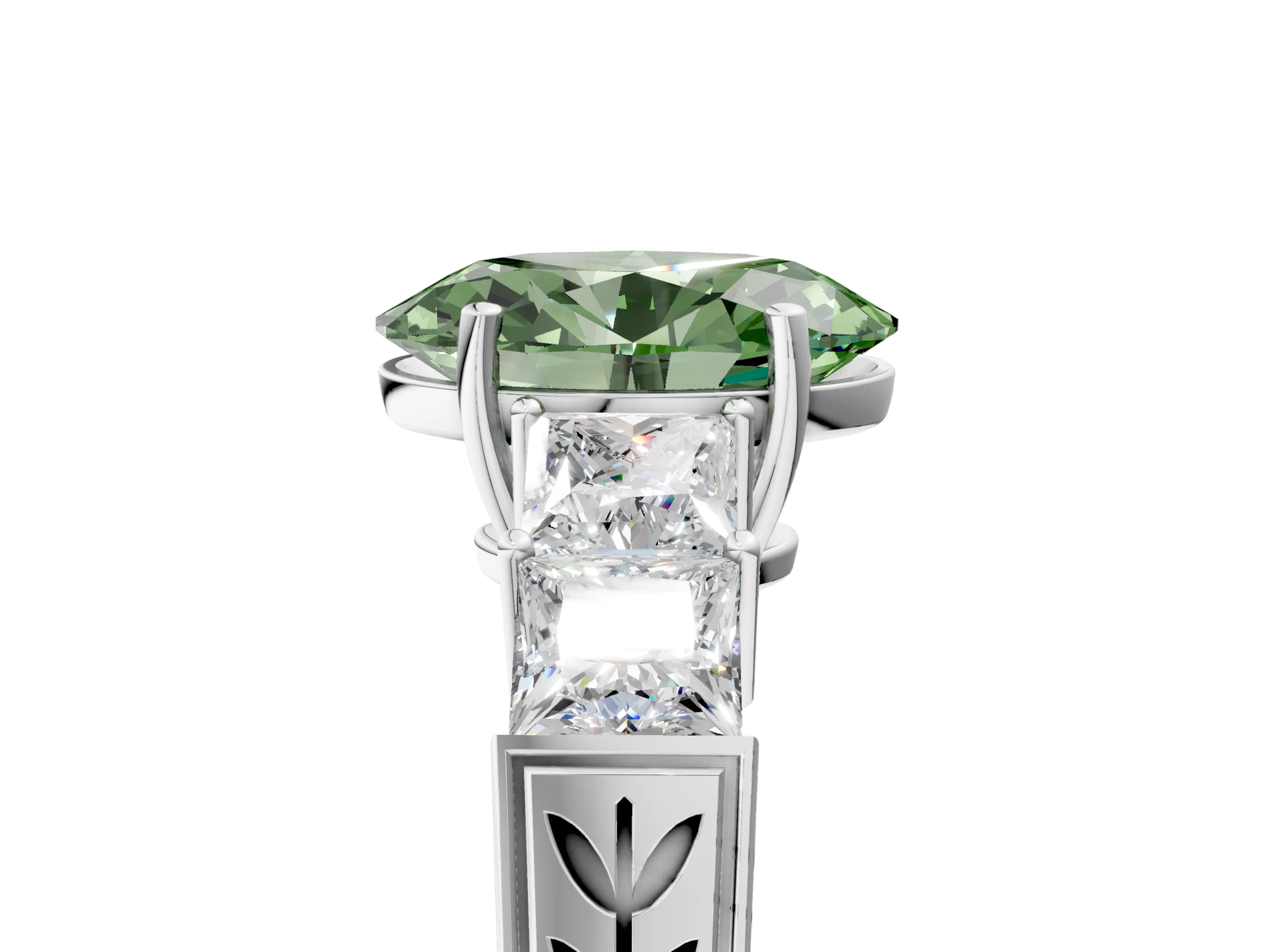 White gold Fancy Green Oval Cut Solitaire Princess Side Stone Engraved Band Prong Setting Ring_5
