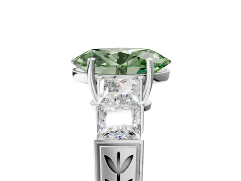 White gold Fancy Green Oval Cut Solitaire Princess Side Stone Engraved Band Prong Setting Ring_5