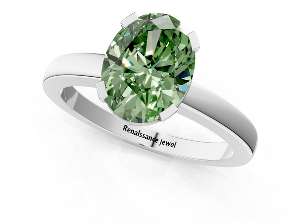 White gold Fancy Green Oval  Cut Solitaire Ring with Four-Prong Setting and Classic Band