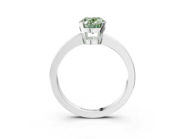 White gold Fancy Green Oval  Cut Solitaire Ring with Four-Prong Setting and Classic Band