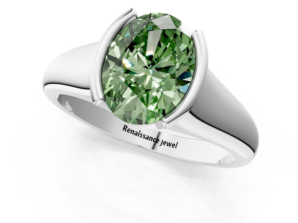 White gold Fancy Green Oval Cut Solitaire Tension Set Diamond Ring with Split Shank Band