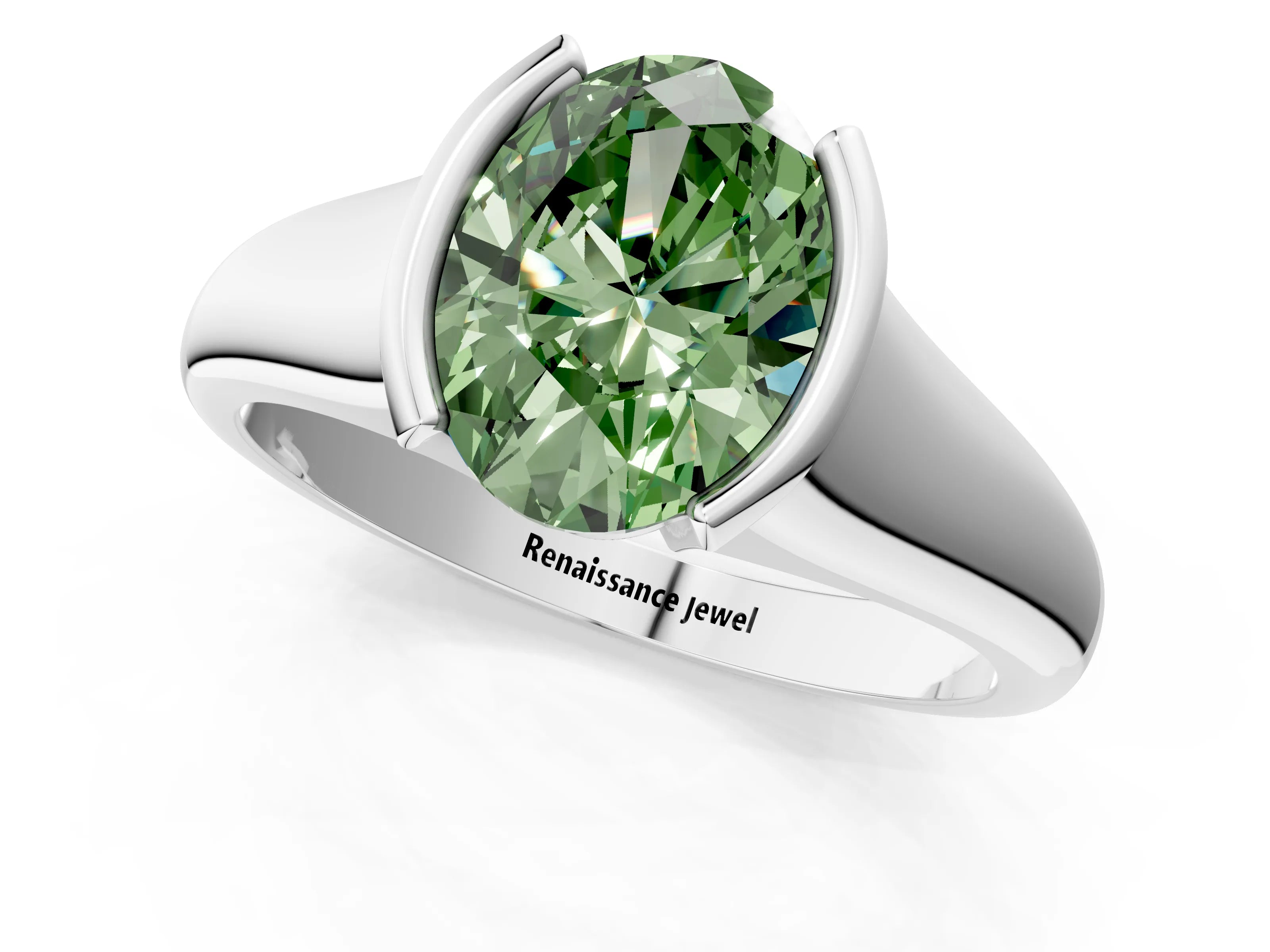 White gold Fancy Green Oval Cut Solitaire Tension Set Diamond Ring with Split Shank Band_13