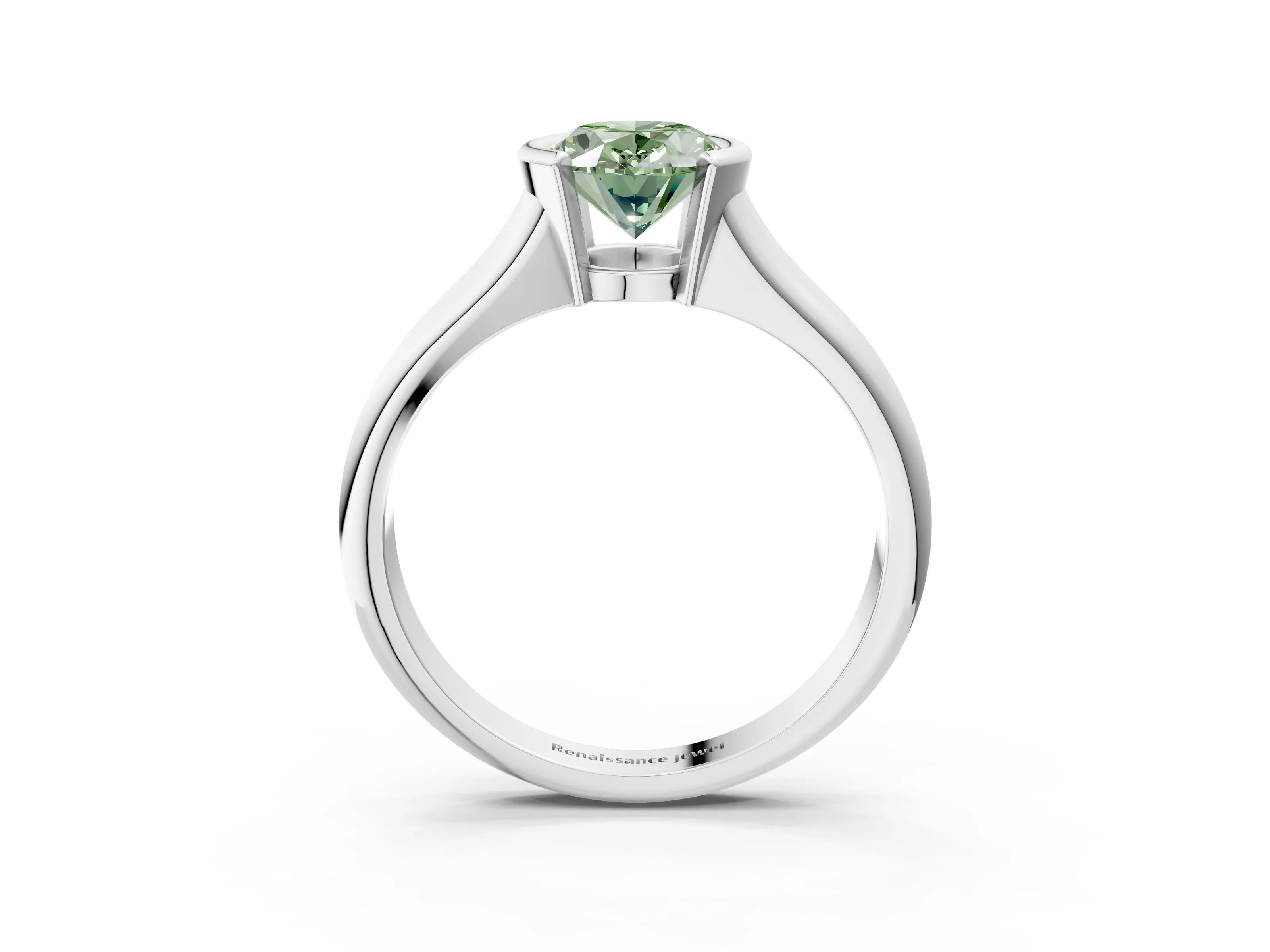 White gold Fancy Green Oval Cut Solitaire Tension Set Diamond Ring with Split Shank Band_15