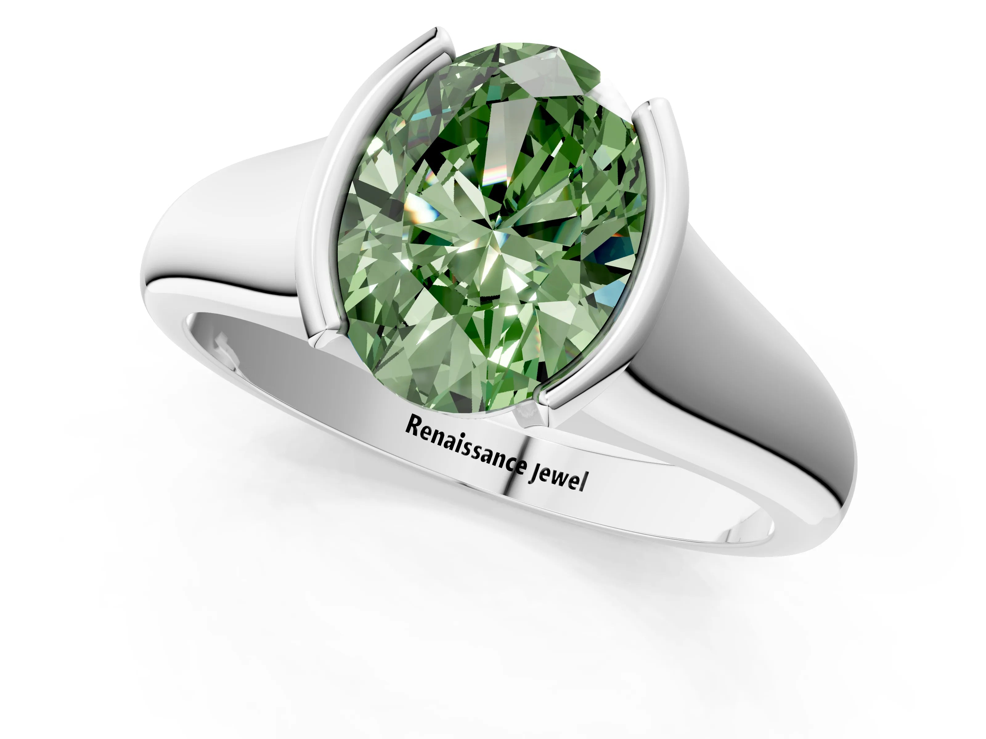 White gold Fancy Green Oval Cut Solitaire Tension Set Diamond Ring with Split Shank Band_1