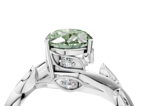 White gold Fancy Green Oval Cut Solitaire Twist Engagement Ring with Leaf Accents and Prong Setting_16