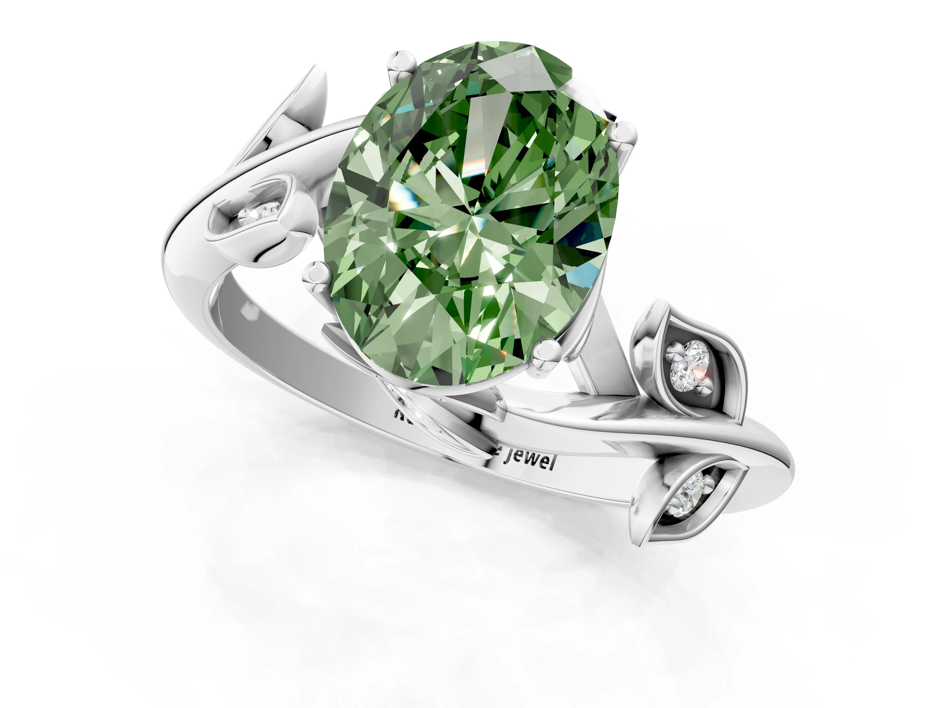 White gold Fancy Green Oval Cut Solitaire Twist Engagement Ring with Leaf Accents and Prong Setting_1