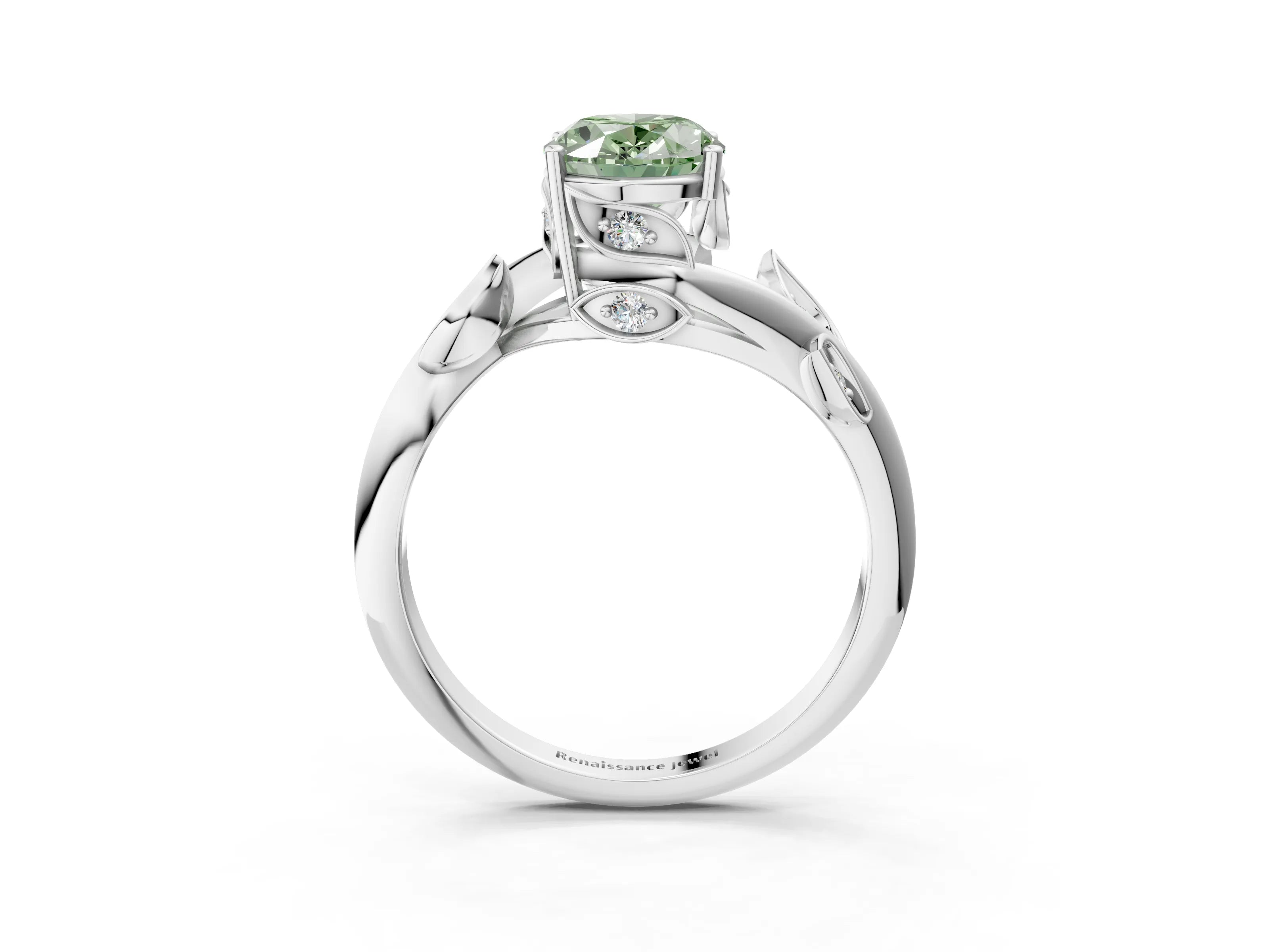 White gold Fancy Green Oval Cut Solitaire Twist Engagement Ring with Leaf Accents and Prong Setting_3