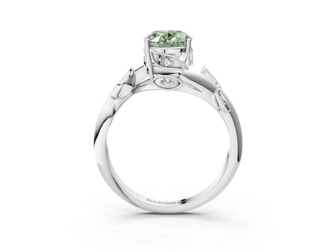 White gold Fancy Green Oval Cut Solitaire Twist Engagement Ring with Leaf Accents and Prong Setting_3