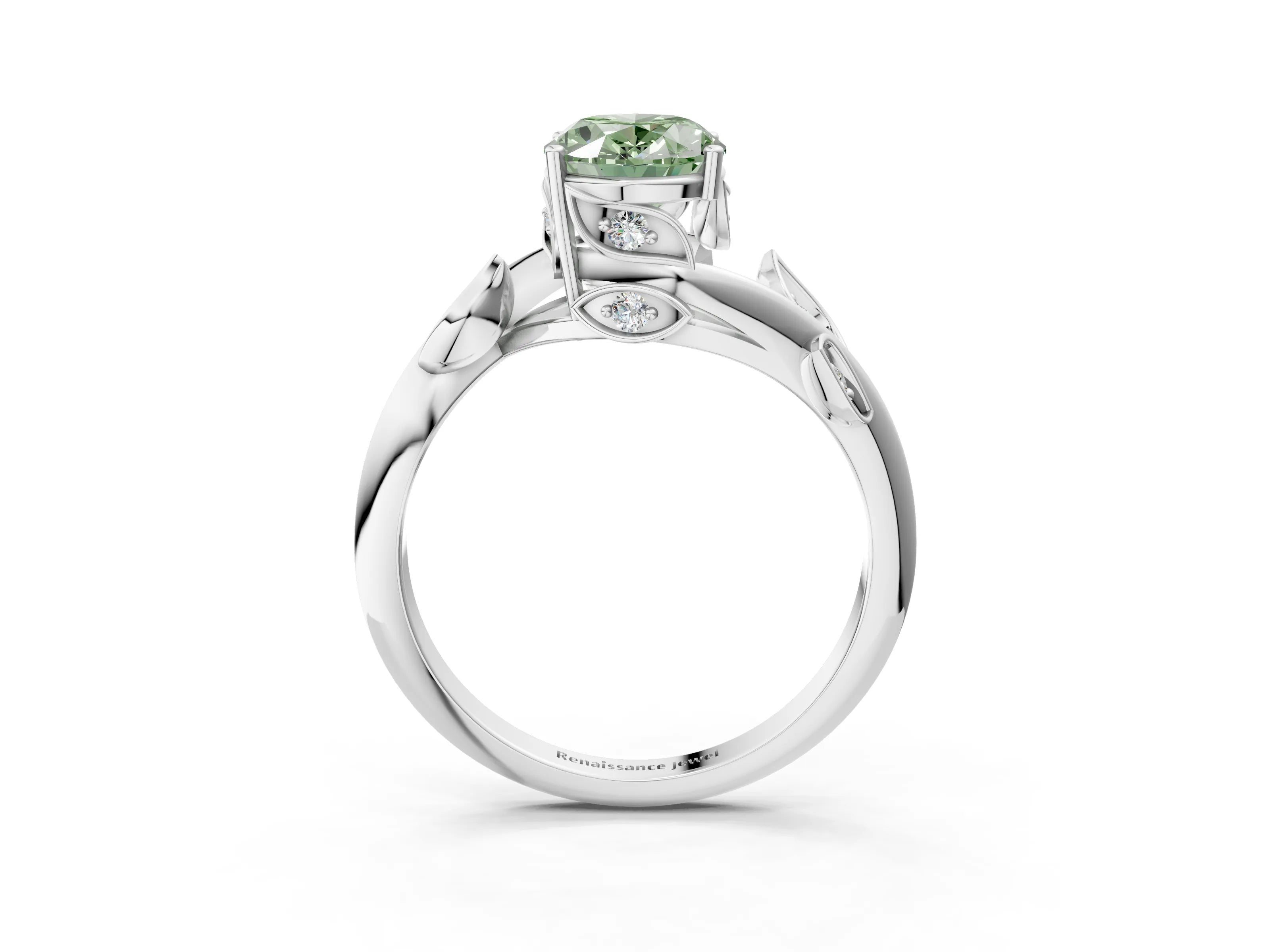 White gold Fancy Green Oval Cut Solitaire Twist Engagement Ring with Leaf Accents and Prong Setting_3