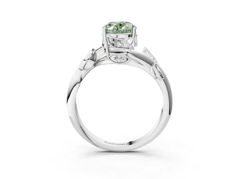 White gold Fancy Green Oval Cut Solitaire Twist Engagement Ring with Leaf Accents and Prong Setting_3