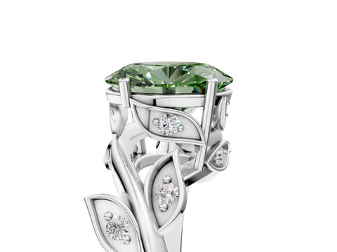 White gold Fancy Green Oval Cut Solitaire Twist Engagement Ring with Leaf Accents and Prong Setting_5