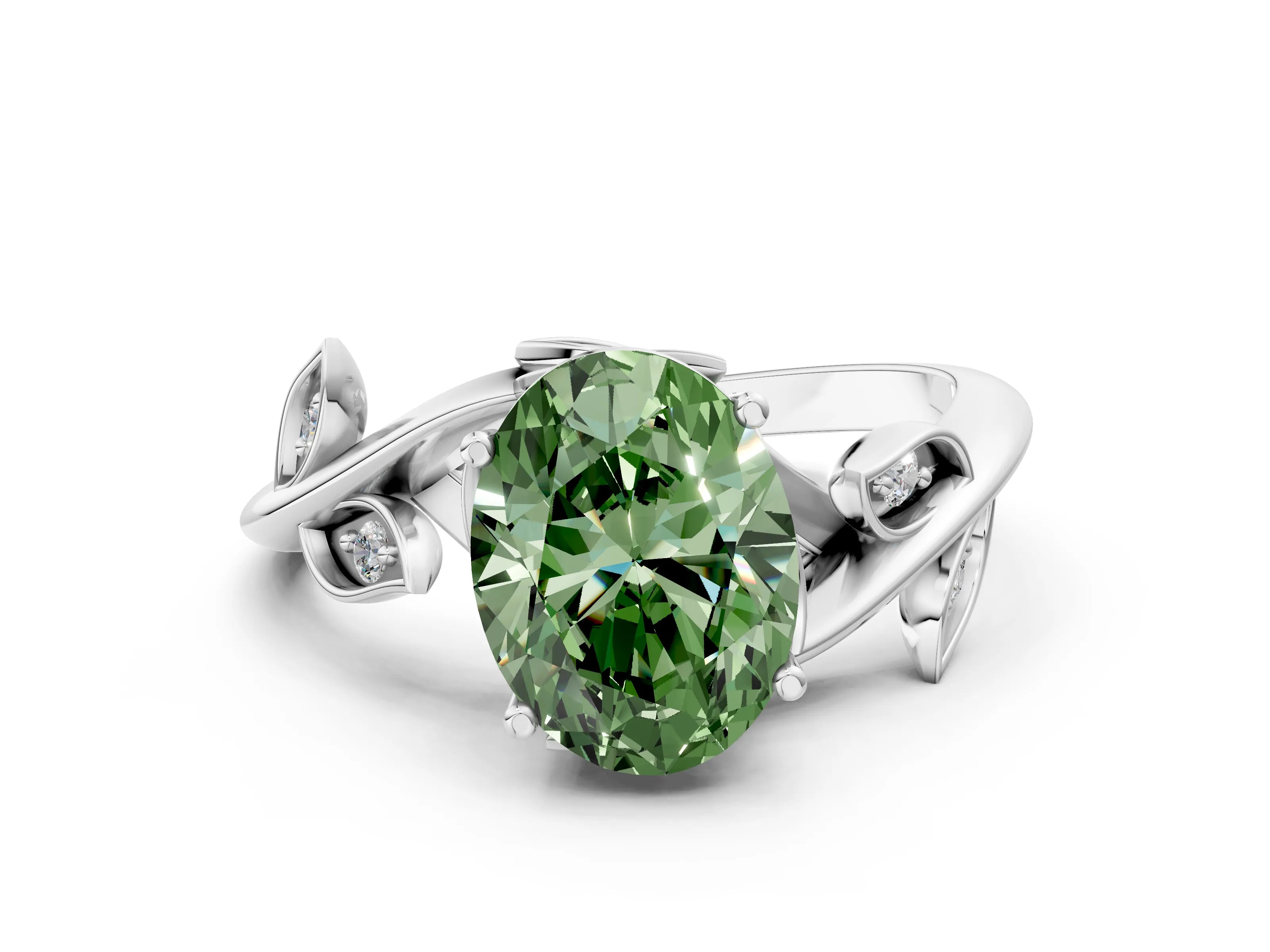 White gold Fancy Green Oval Cut Solitaire Twist Engagement Ring with Leaf Accents and Prong Setting