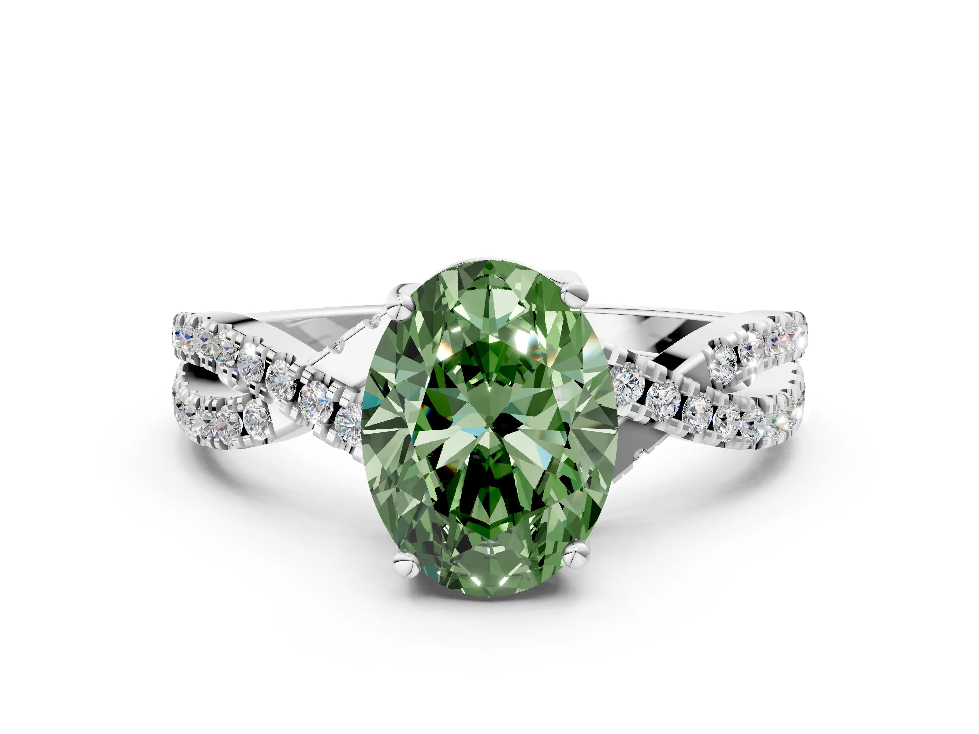 White gold Fancy Green Oval Cut Solitaire Twist Pave Diamond Engagement Ring with Prong Setting