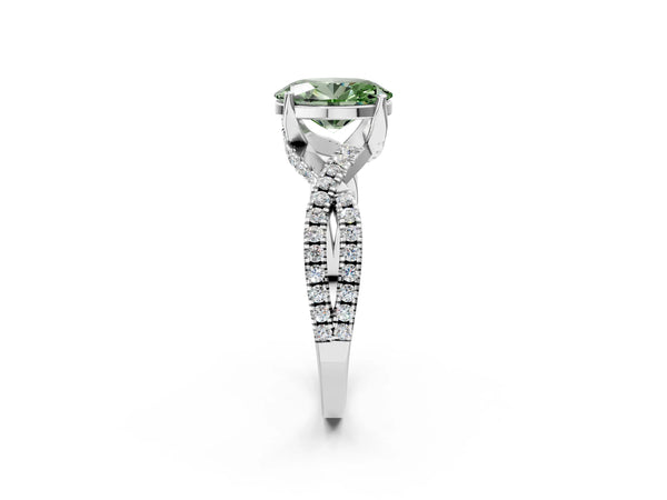 White gold Fancy Green Oval Cut Solitaire Twist Pave Diamond Engagement Ring with Prong Setting