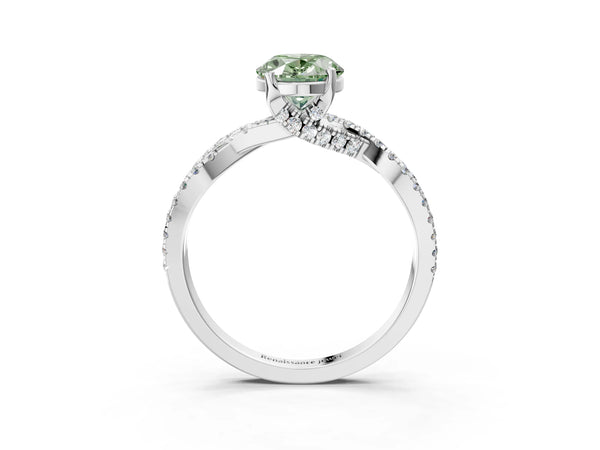 White gold Fancy Green Oval Cut Solitaire Twist Pave Diamond Engagement Ring with Prong Setting