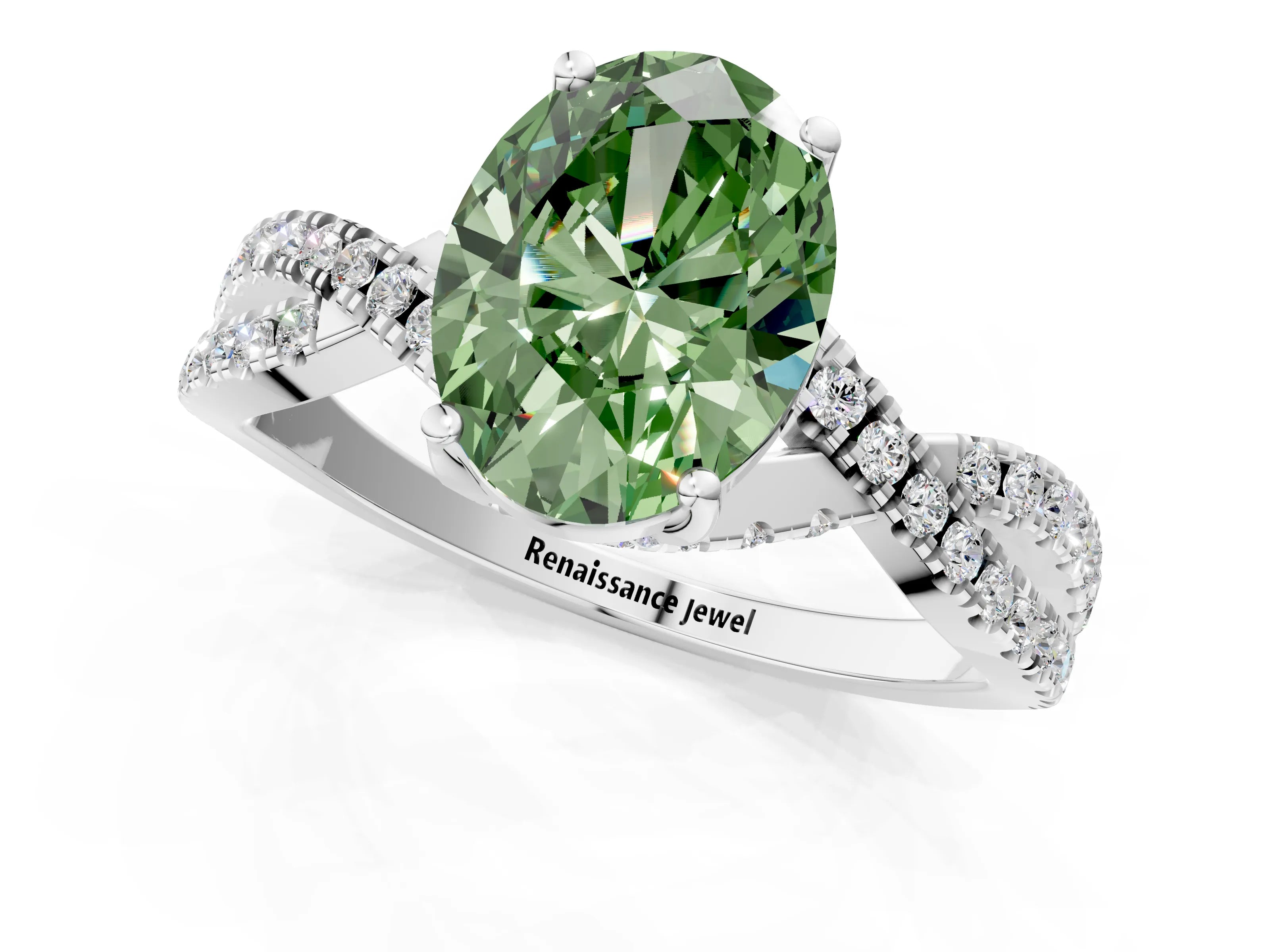 White gold Fancy Green Oval Cut Solitaire Twist Pave Diamond Engagement Ring with Prong Setting_1