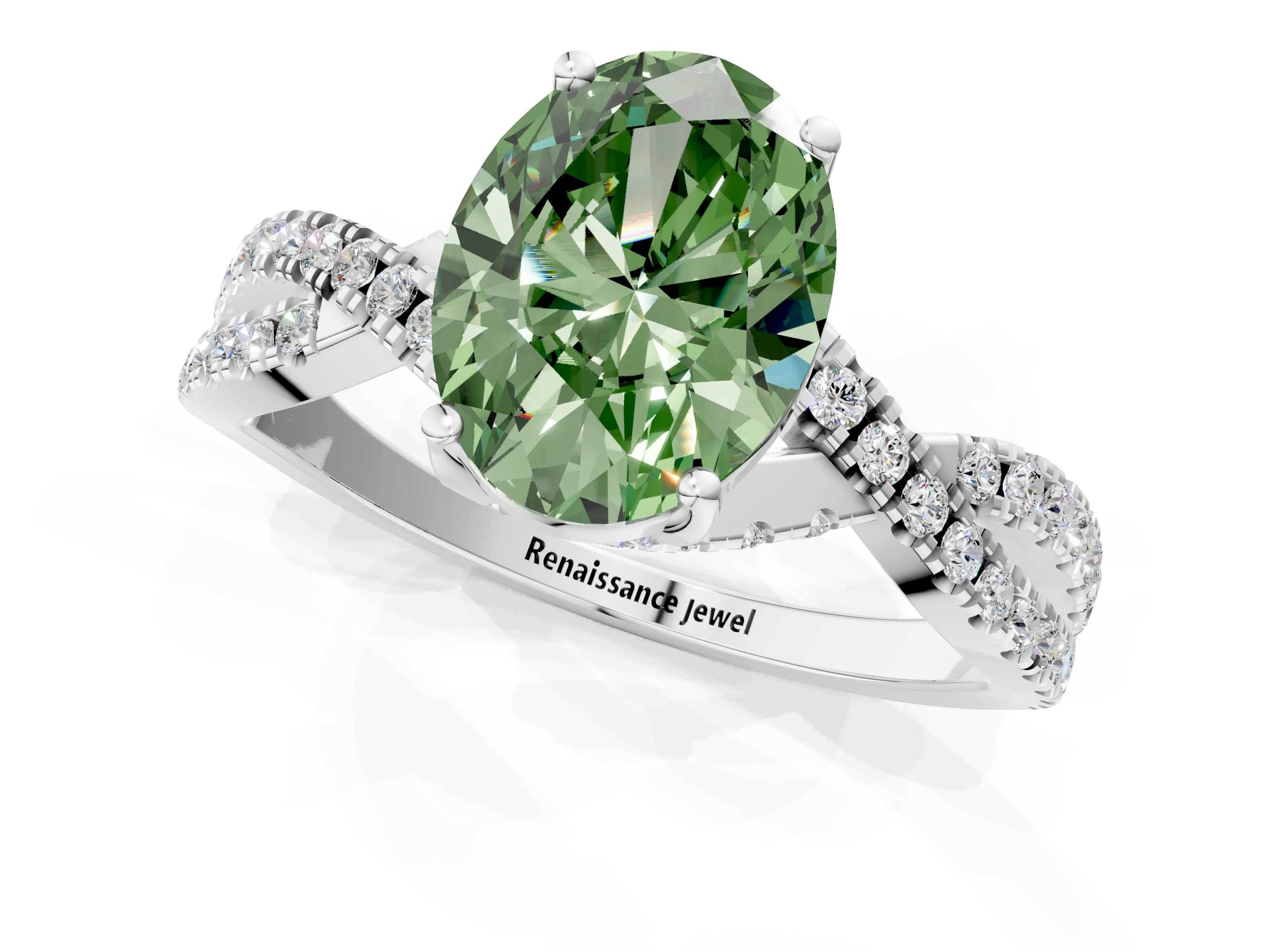 White gold Fancy Green Oval Cut Solitaire Twist Pave Diamond Engagement Ring with Prong Setting_1