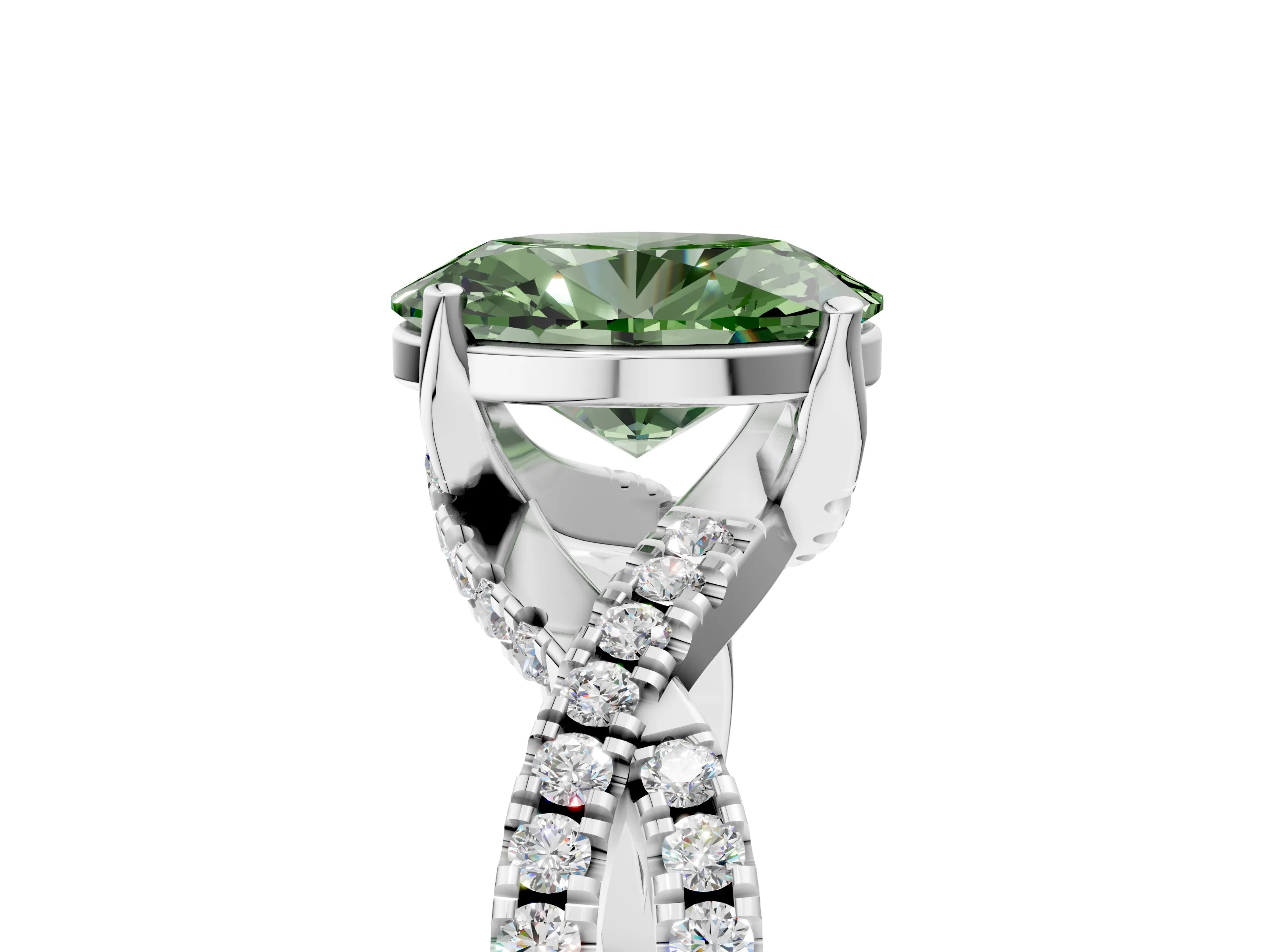 White gold Fancy Green Oval Cut Solitaire Twist Pave Diamond Engagement Ring with Prong Setting_29