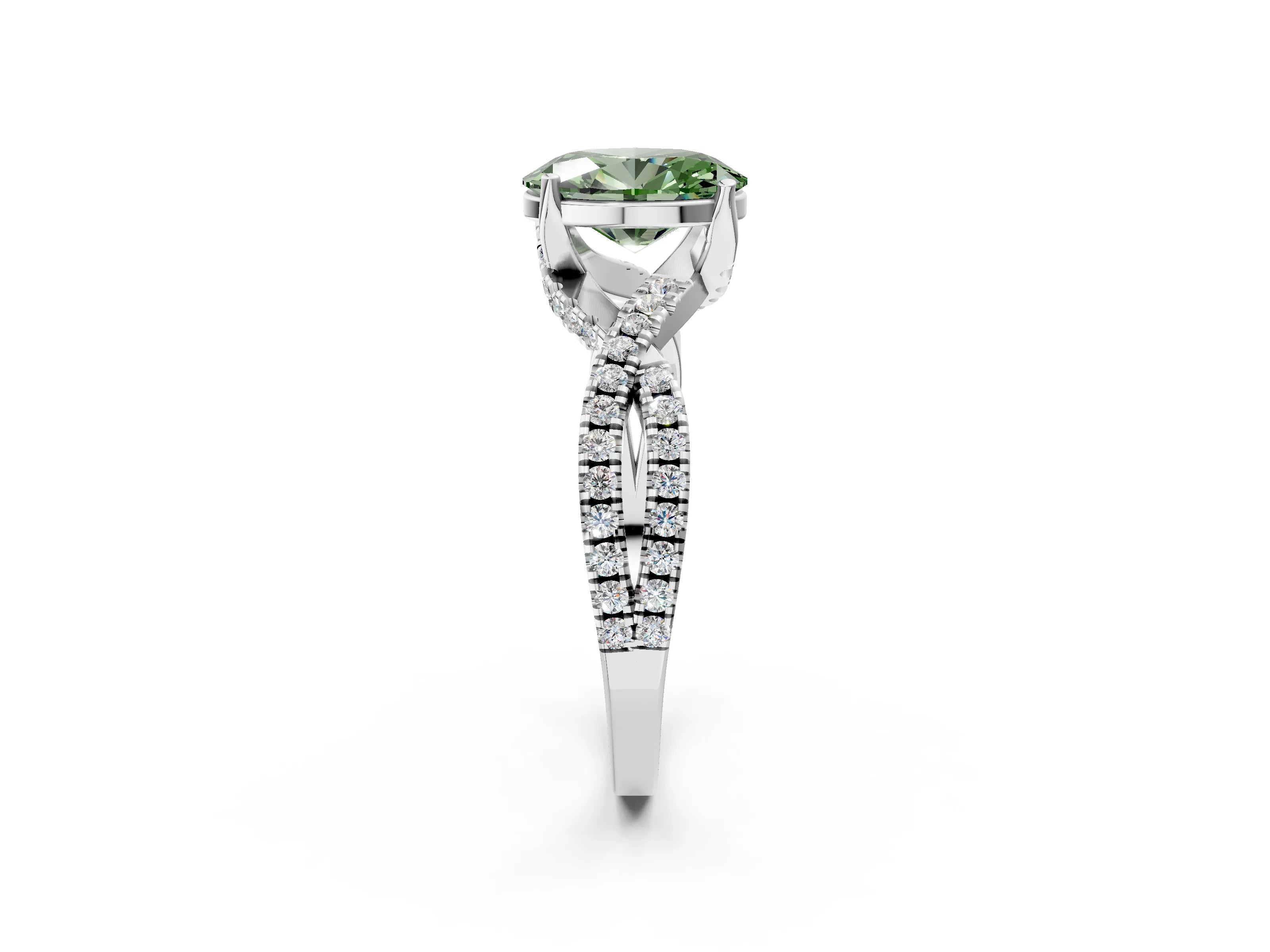 White gold Fancy Green Oval Cut Solitaire Twist Pave Diamond Engagement Ring with Prong Setting_2