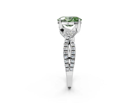 White gold Fancy Green Oval Cut Solitaire Twist Pave Diamond Engagement Ring with Prong Setting_2