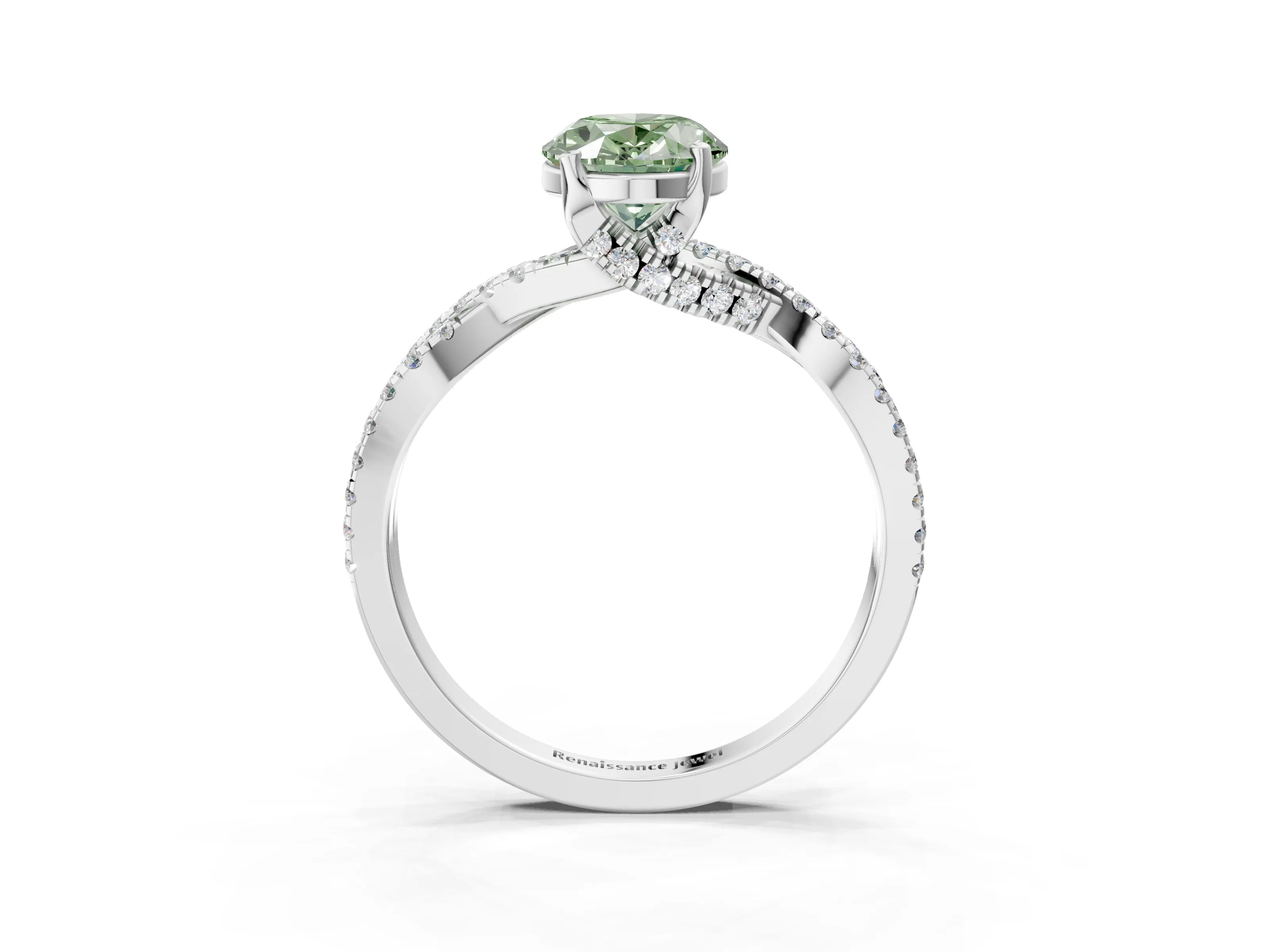 White gold Fancy Green Oval Cut Solitaire Twist Pave Diamond Engagement Ring with Prong Setting_3