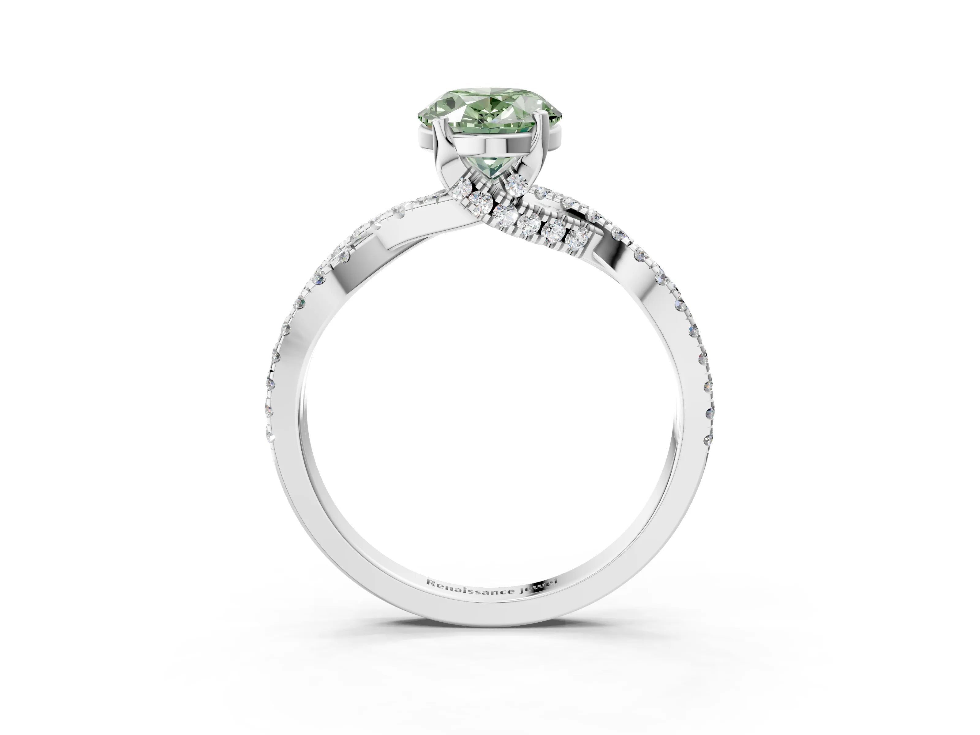 White gold Fancy Green Oval Cut Solitaire Twist Pave Diamond Engagement Ring with Prong Setting_3