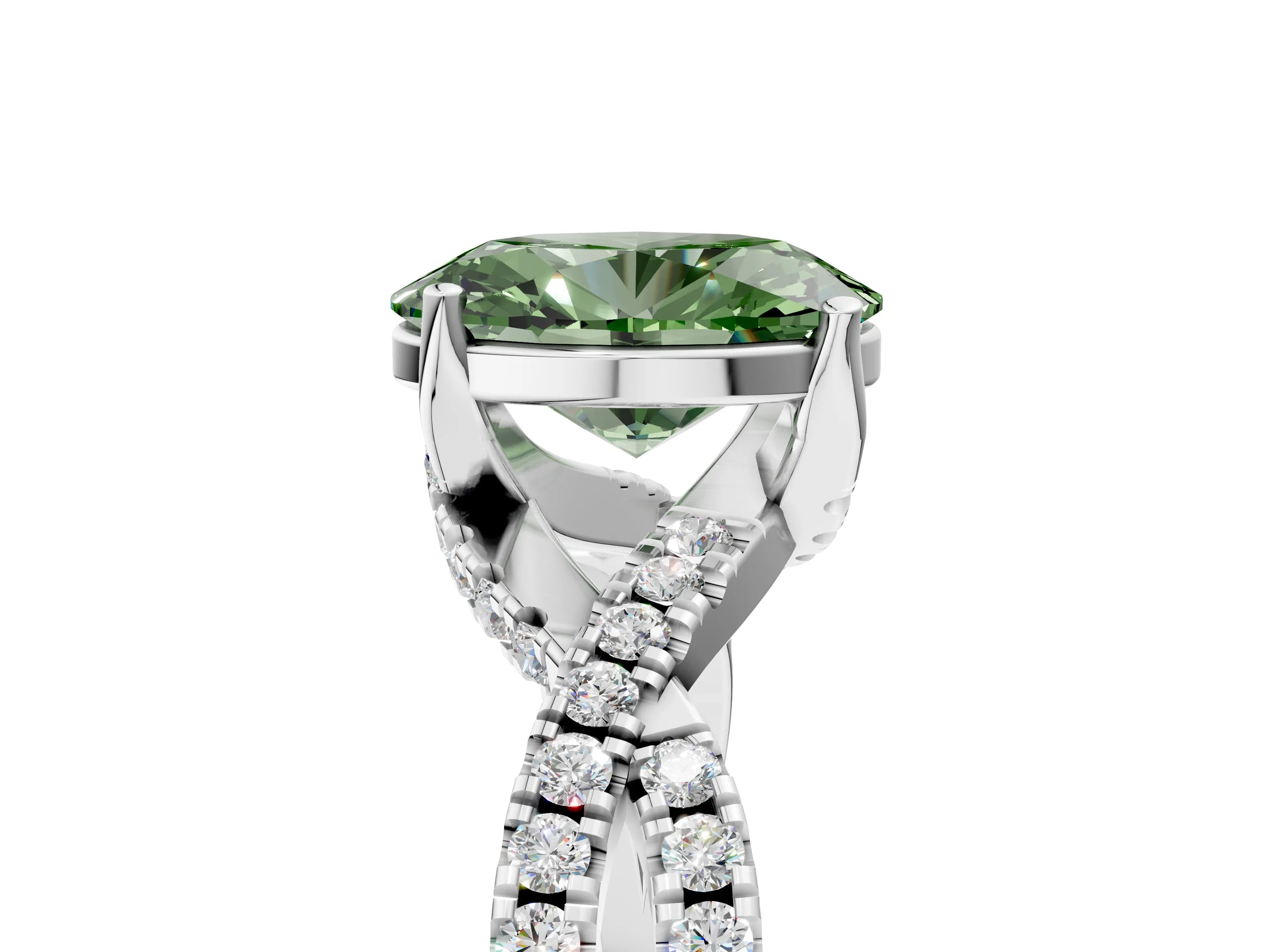 White gold Fancy Green Oval Cut Solitaire Twist Pave Diamond Engagement Ring with Prong Setting_5