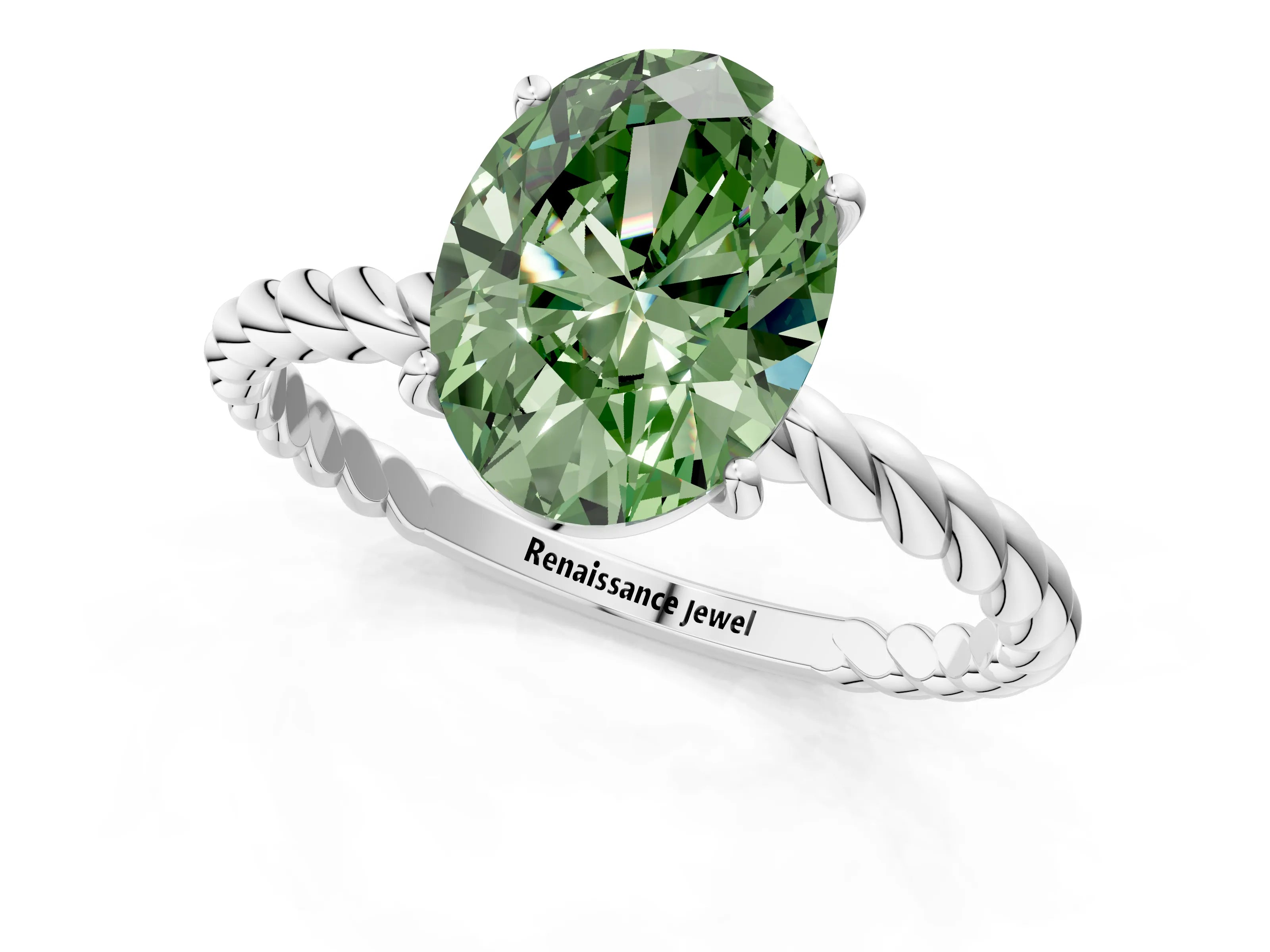 White gold Fancy Green Oval Cut Solitaire Twisted Band 4-Prong Ring_25