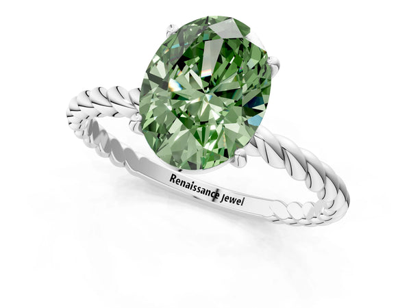 White Gold Oval Twisted Solitaire Engagement Ring Setting for Fancy Green Center