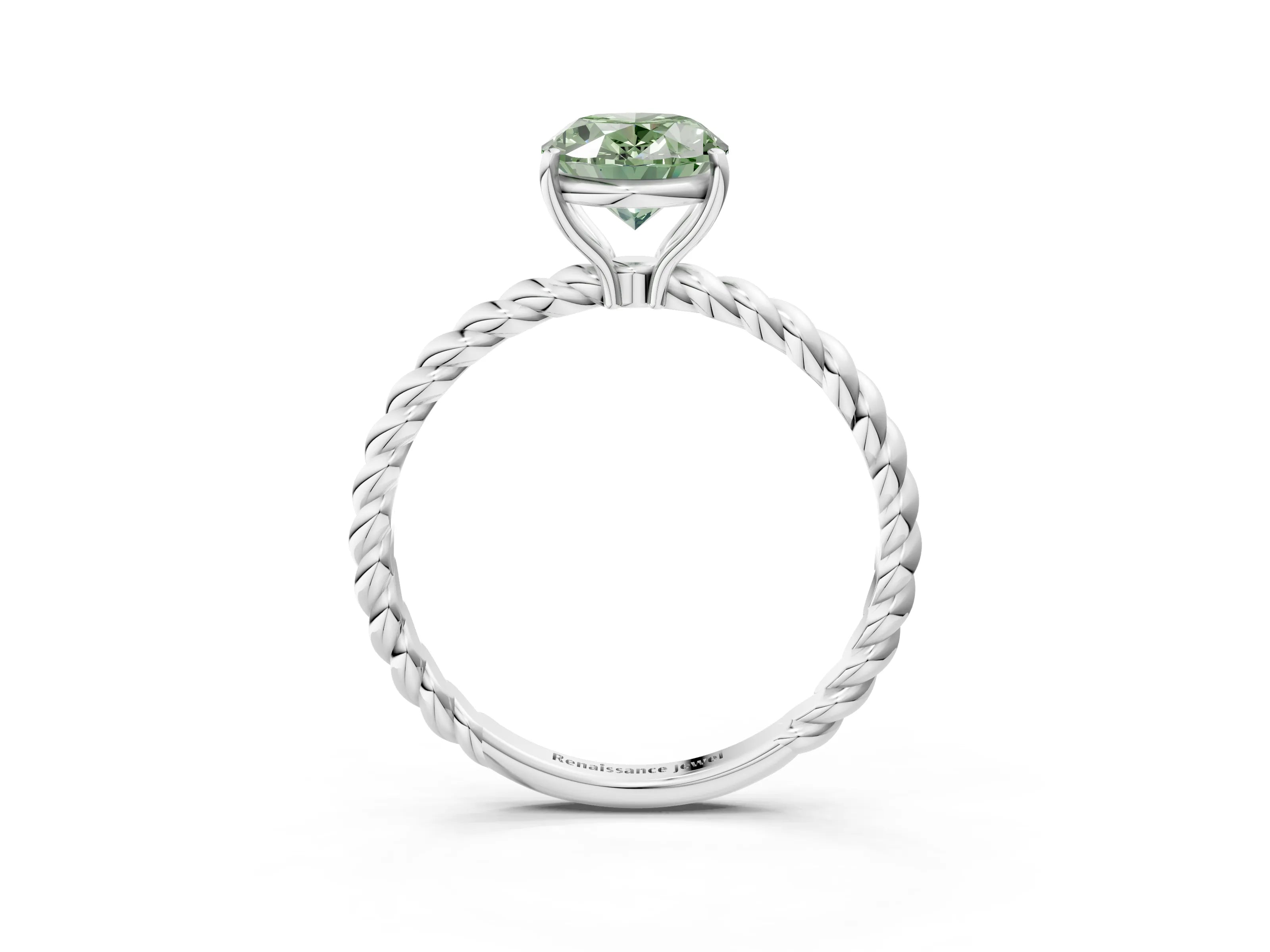 White gold Fancy Green Oval Cut Solitaire Twisted Band 4-Prong Ring_27