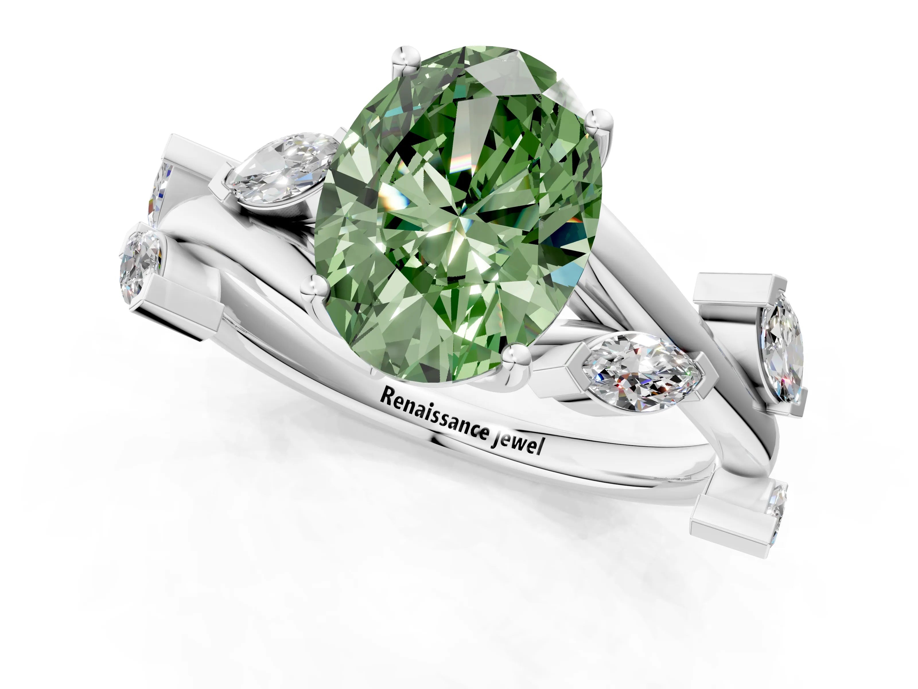 White gold Fancy Green Oval Cut Solitaire Twisted Band Marquise Accent Prong Setting Ring_1