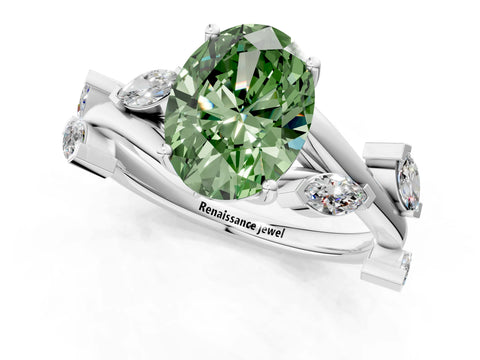 White gold Fancy Green Oval Cut Solitaire Twisted Band Marquise Accent Prong Setting Ring_1
