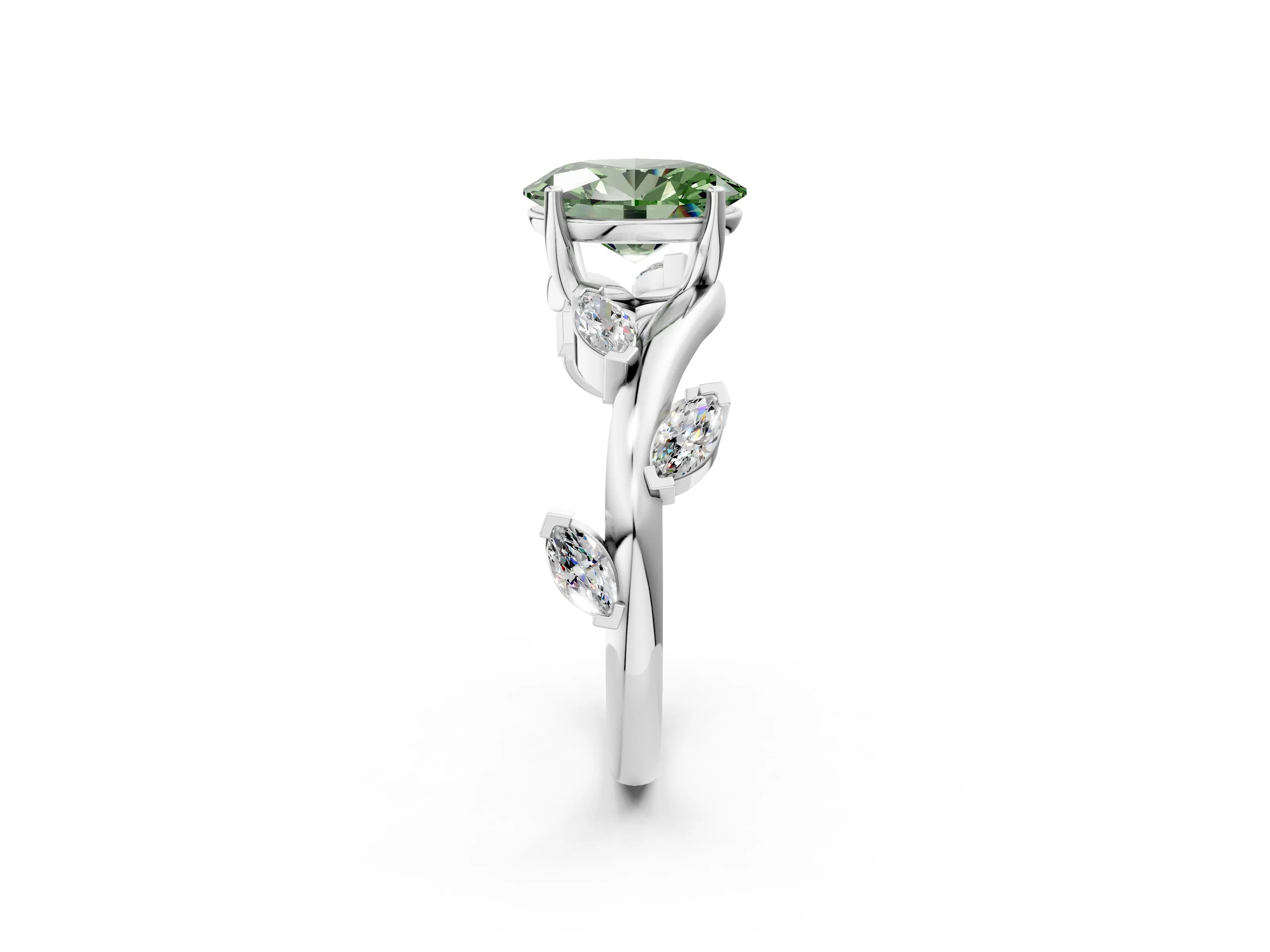 White gold Fancy Green Oval Cut Solitaire Twisted Band Marquise Accent Prong Setting Ring_2