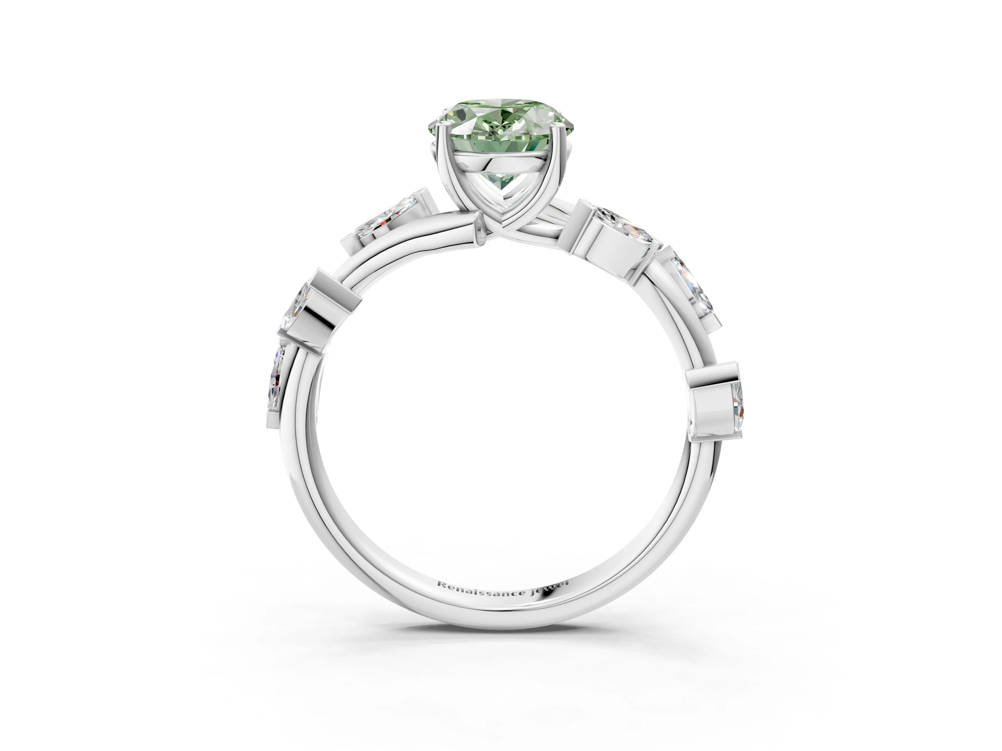 White gold Fancy Green Oval Cut Solitaire Twisted Band Marquise Accent Prong Setting Ring_3