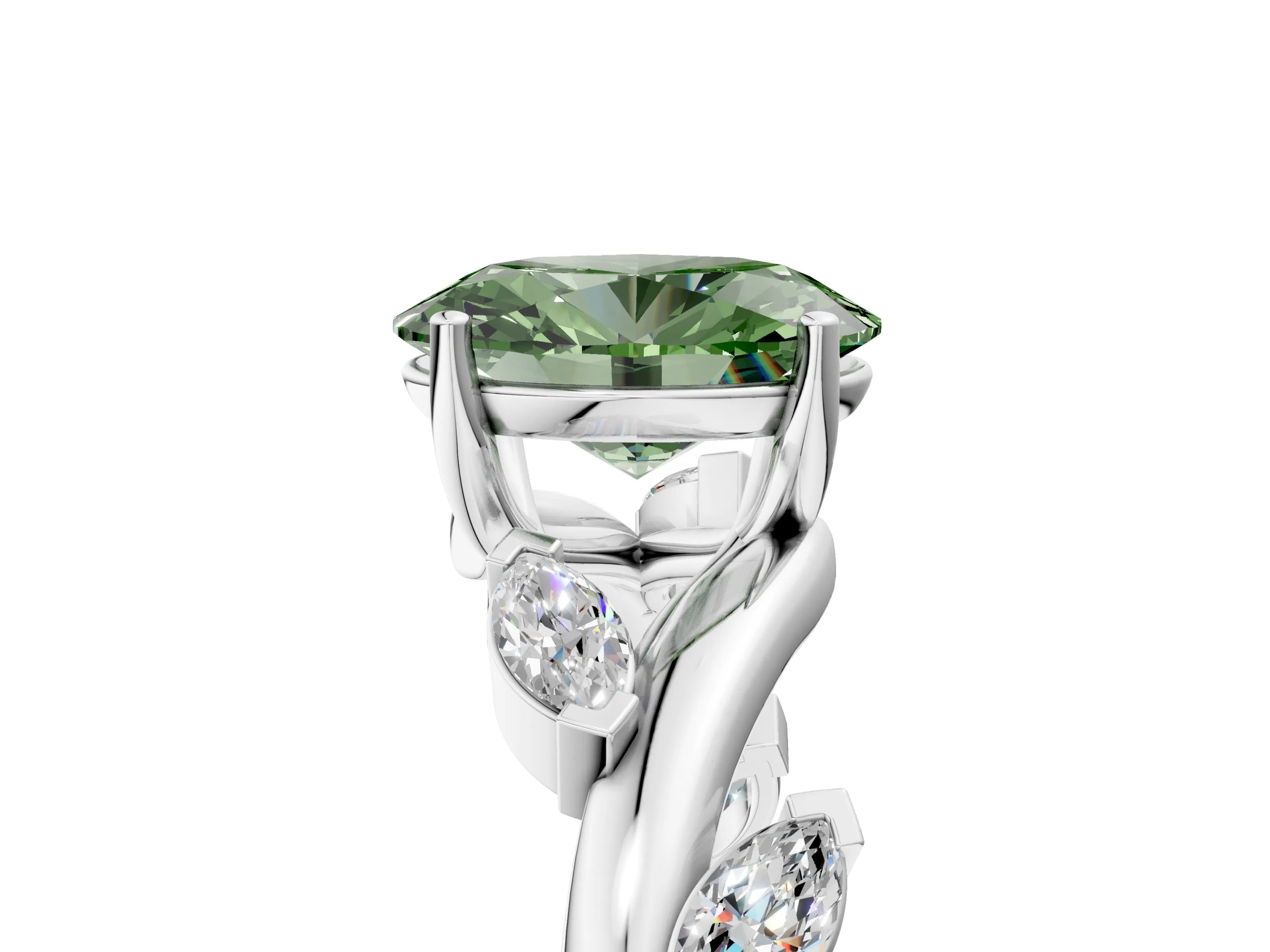 White gold Fancy Green Oval Cut Solitaire Twisted Band Marquise Accent Prong Setting Ring_5