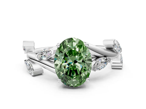 White gold Fancy Green Oval Cut Solitaire Twisted Band Marquise Accent Prong Setting Ring