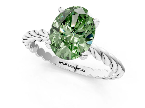 Platinum Fancy Green Oval  Cut Solitaire Twisted Band with Four-Prong Setting