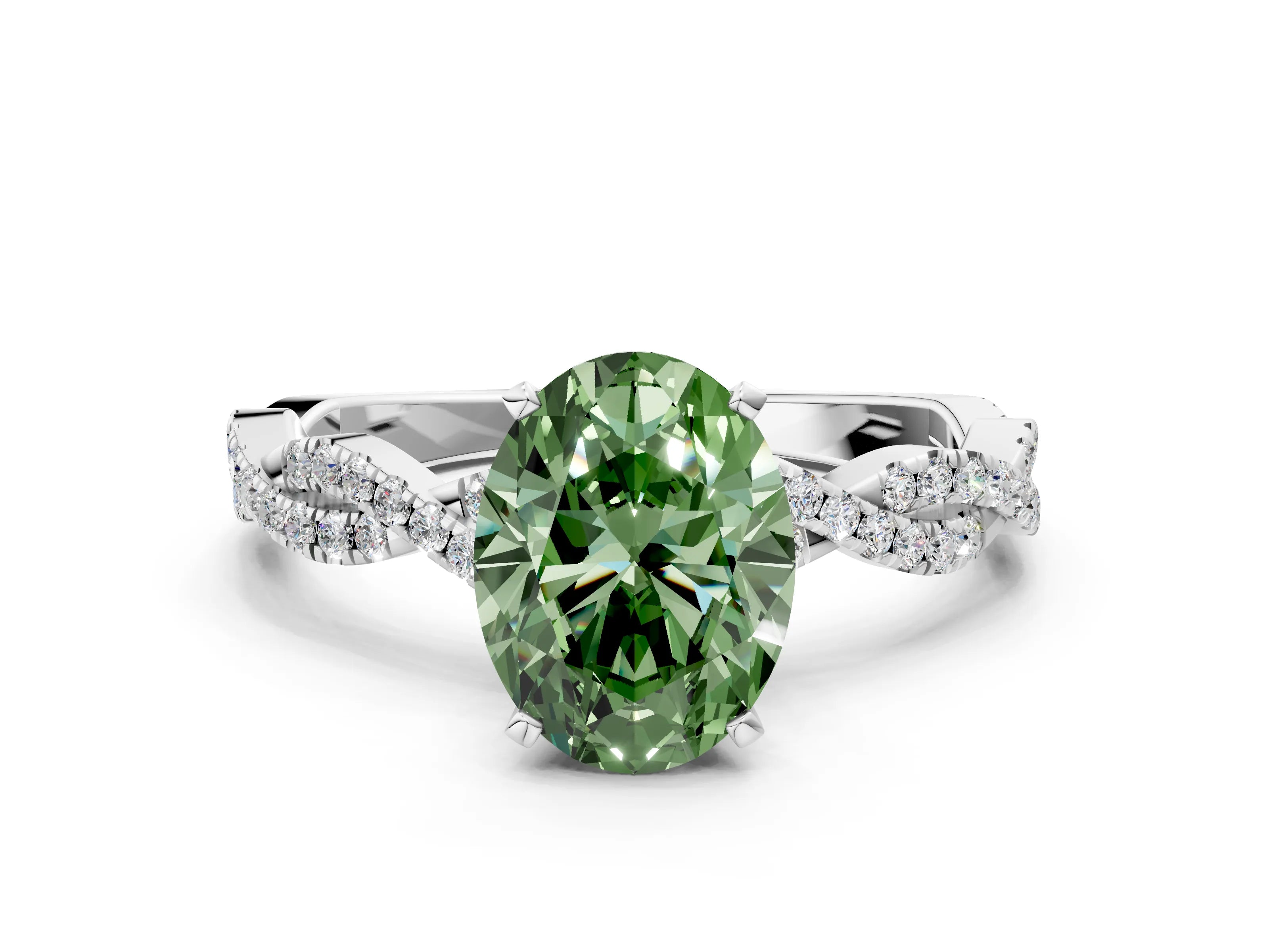 White gold Fancy Green Oval Cut Solitaire Twisted Pave Band with Four-Prong Setting_15